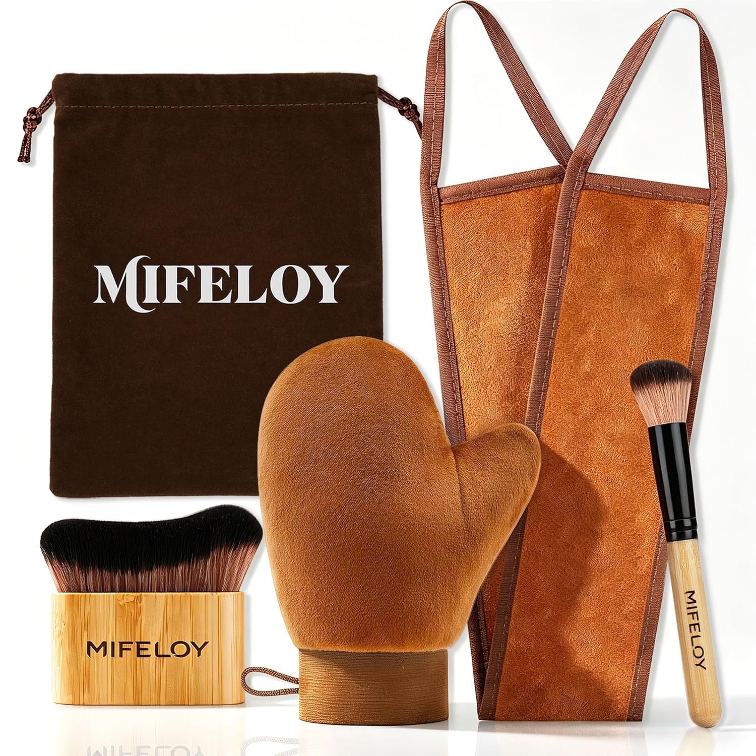 4-in-1 Self Tanning Mitt Kit – Self-Tanner Applicator Set with Back Applicator, Bamboo Body Brush& Face Brush – Streak-Free Tanning, No Orange Palms – Reusable, Washable & Travel Pouch Included