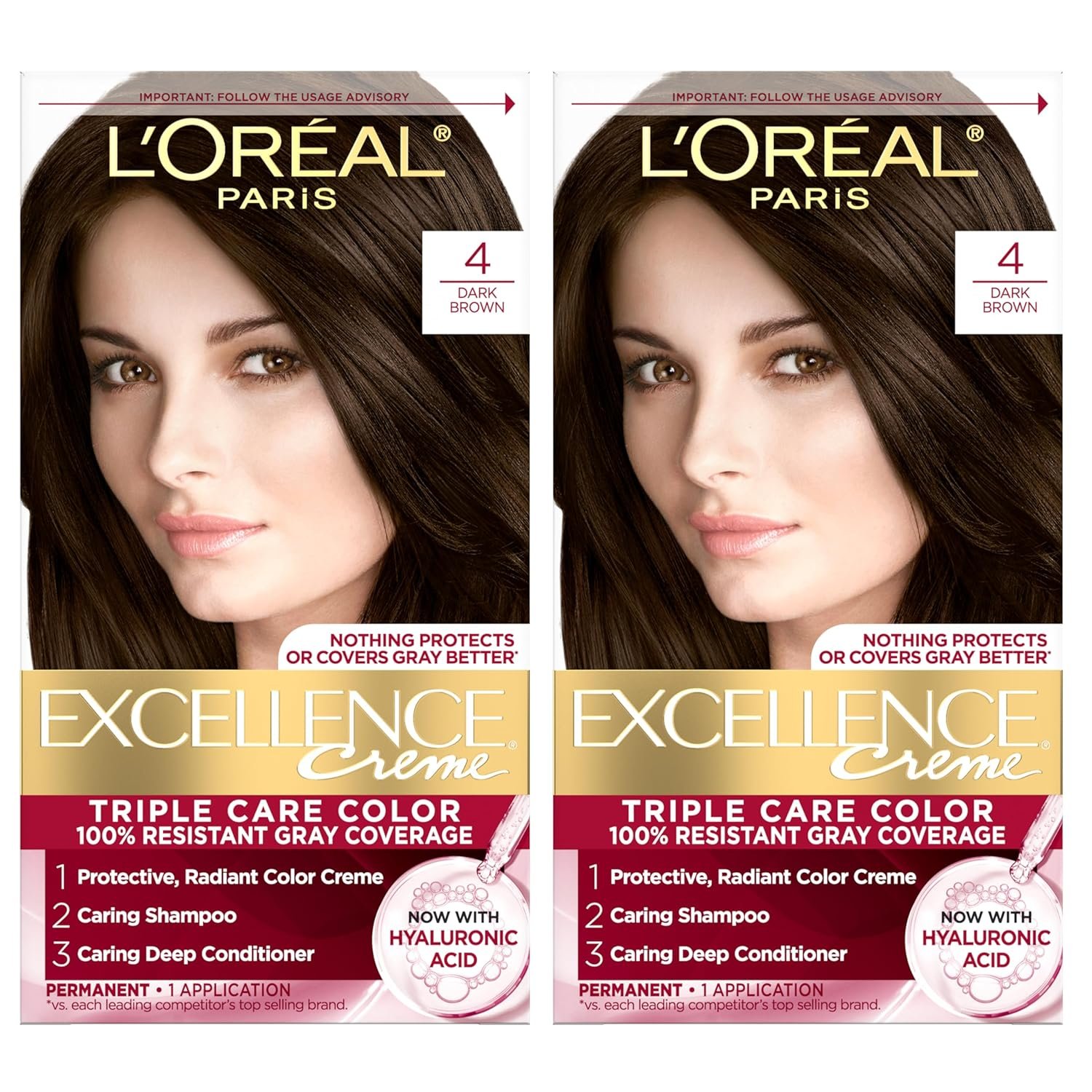 L’Oreal Paris Excellence Crème Permanent Hair Dye, Triple Care Hair Color with Hyaluronic Acid for 100% Gray Coverage, 4 Dark Brown, 1 Kit (Pack of 2) (Packaging May Vary)