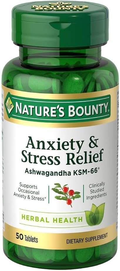 Nature’s Bounty Stress Relief Ashwagandha KSM 66 Tablets, Mood Support, 50 Count