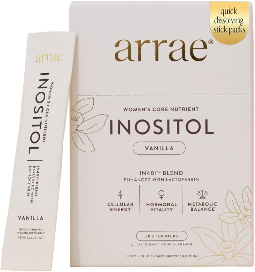 Arrae Inositol Supplement for Women – Supports Healthy Hormonal Balance, Regular Cycles, & Ovarian Health – 40:1 Myo & D-Chiro Raton with Lactoferrin & Folate – Vanilla Flavor – 30 Pack