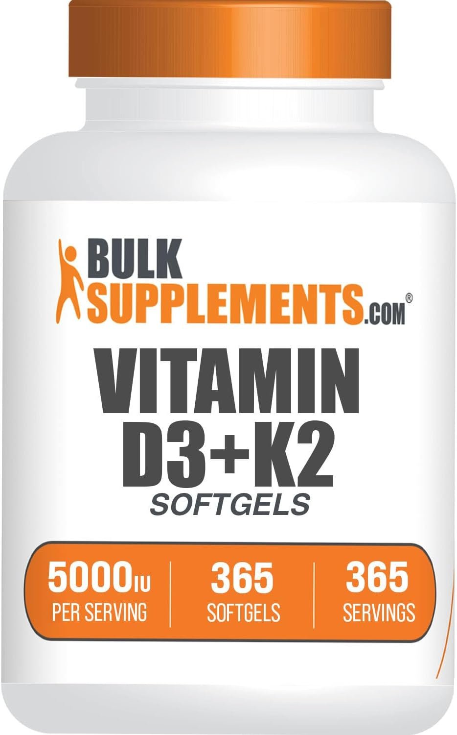 BulkSupplements.com Vitamin D3 + K2 5000 IU Softgels – D3 K2 Supplement, for Immune Health – Gluten Free, 1 Softgel per Serving, 365 Count (Pack of 1)