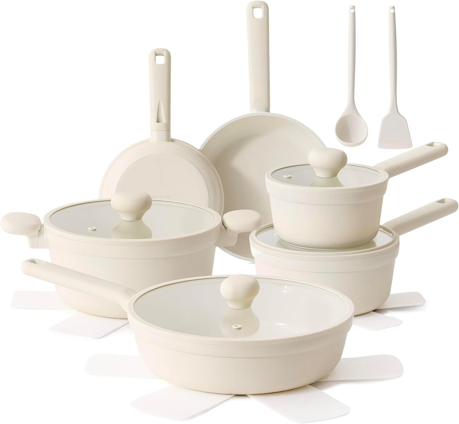 SENSARTE Ceramic Nonstick Pots and Pans Set 17pcs, Healthy Induction Cookware Set, Nontoxic Kitchen Cooking Set with Skillets & Saucepans, Stay-cool Handles, PFAS PTFE PFOA PFOS Free, Cream White