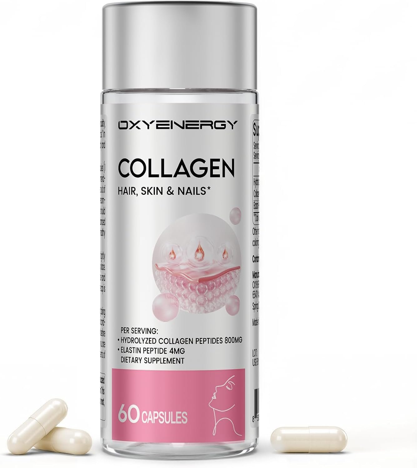 OxyEnergy Collagen Peptides Capsules for Women, Hydrolyzed Collagen Supplements with Elastin Peptides, 60 Collagen Pills to Promotes Hair, Nail, Skin, Capsulas