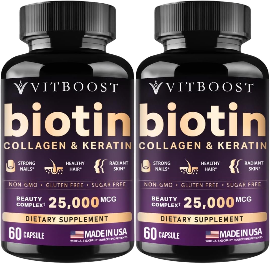 Vitboost Biotin with Hyaluronic Acid, Collagen and Keratin – 25000 mcg Hair Growth Vitamins for Men and Women – Nails and Skin, USA Made – Third Party Tested, B1, B2, B3, B6, B7 Complex – 120 Capsules