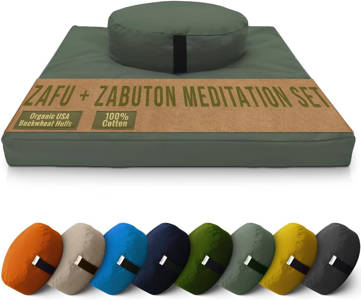 Bean Products Meditation Cushion Mat Set – Zafu Floor Pillow Organic Buckwheat Pillow + Cotton Filled Zabuton Prayer Pad – Meditation Pillow Yoga Knee Pad – Made in USA – 14″ Round or 18″ Oval