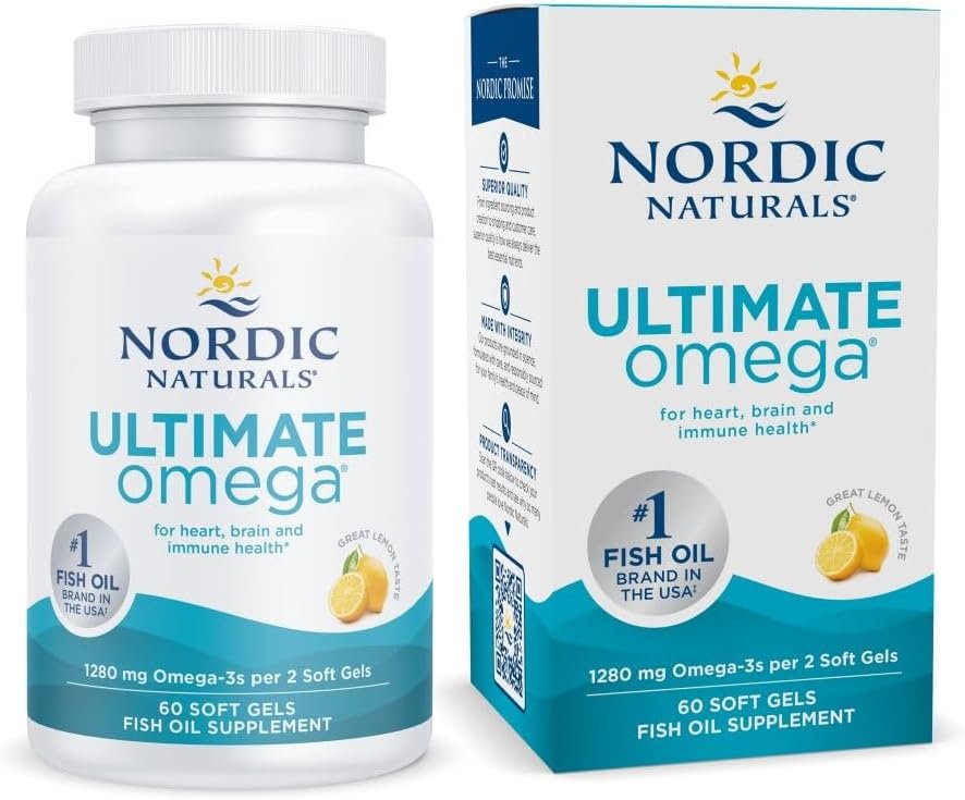 Nordic Naturals Ultimate Omega, Lemon Flavor – 60 Soft Gels – 1280 mg Omega-3 – High-Potency Fish Oil Supplement with EPA & DHA – Promotes Brain & Heart Health – Non-GMO – 30 Servings