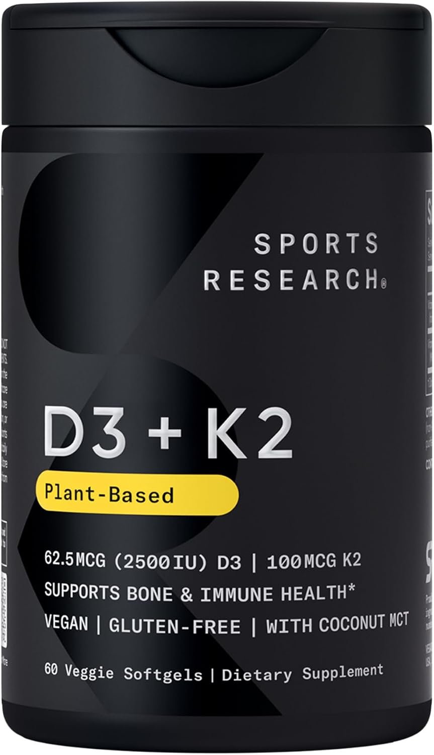 Sports Research® Vitamin D3 + K2 w/Coconut Oil – Vegan Vitamin D 2500iu (62.5mcg) & Mk7 Vitamin K 100mcg for Bone & Immune Support – Vegan Certified · Non-GMO · Soy Free – 60 Softgels