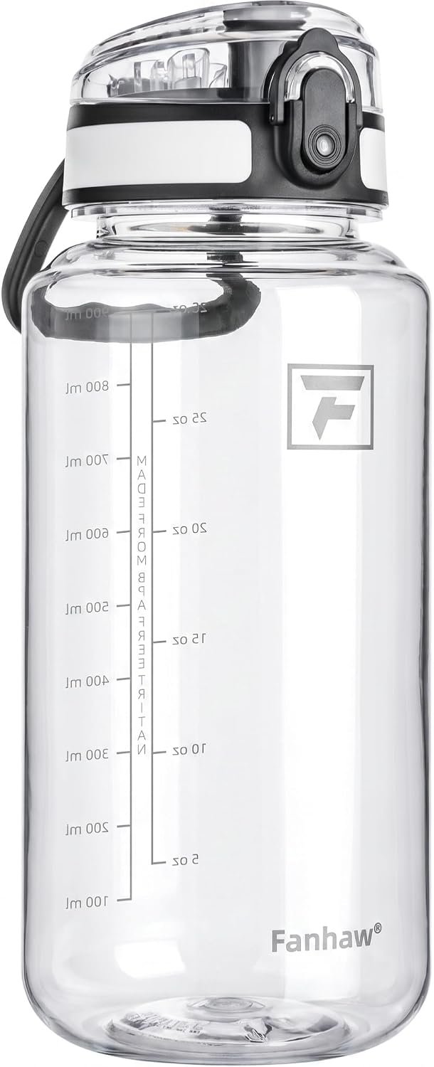 Fanhaw 32 Oz Clear Tritan Water Bottle, BPA-Free & Leak-Proof, Wide Mouth with Anti-dust Chug Lid, Reusable Plastic Bottle for Gym, Travel, School & Office, Back to School Essentials (Clear&White)