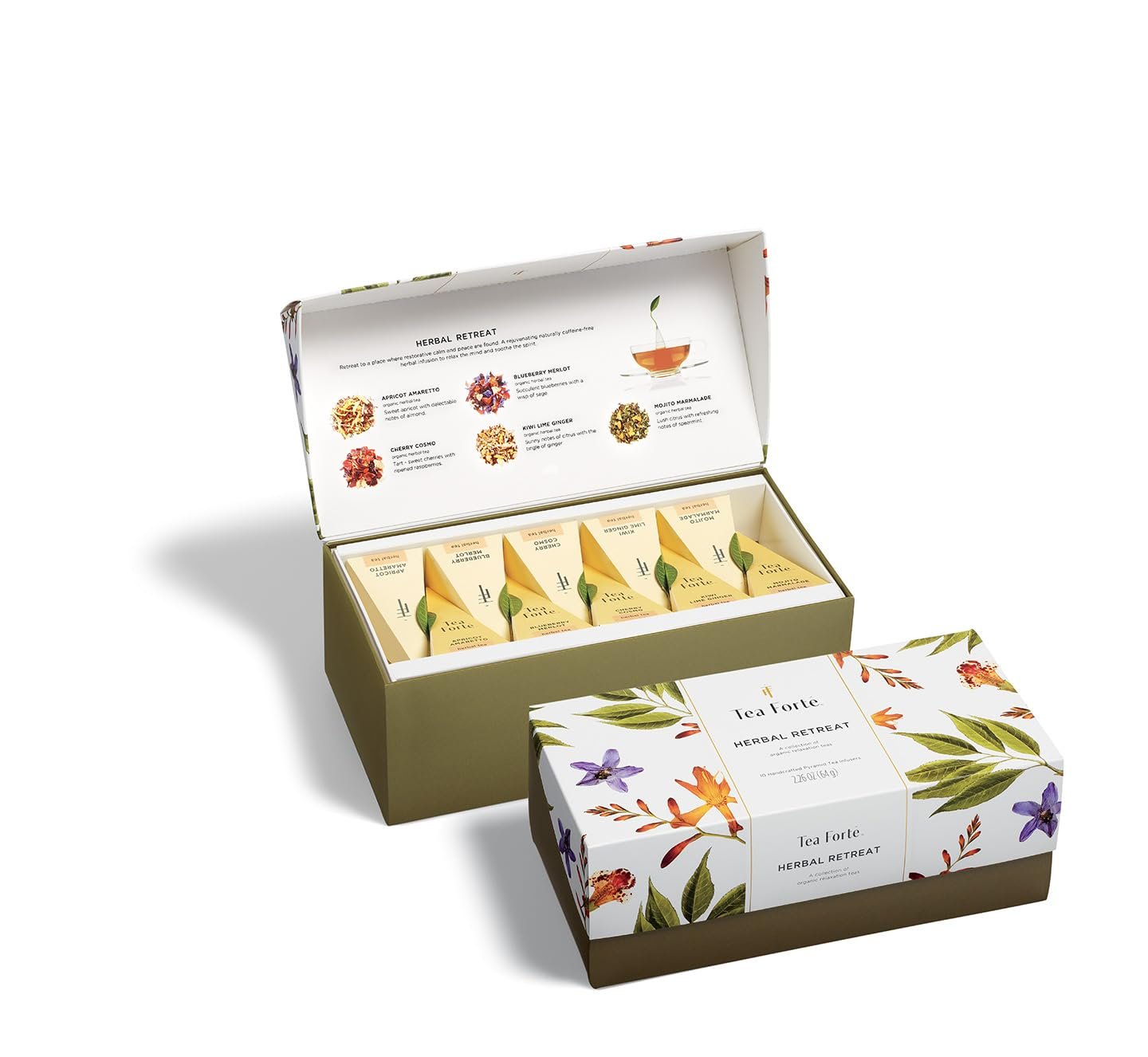 Tea Forte Premium Presentation Box Gift Set Sampler, 20 Count, Assorted Blends Individually Wrapped Handcrafted Pyramid Infuser Bags, Herbal Retreat Tea