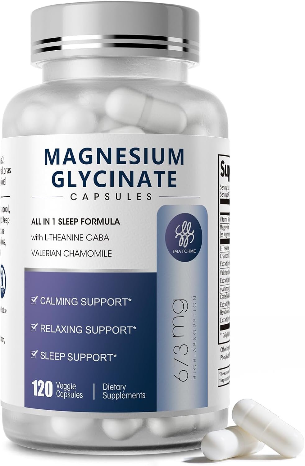 iMATCHME Magnesium Glycinate 850mg Capsules with L-Theanine, Chamomile & GABA for Sleep, Calmness, Muscle, Bone Health & Immune Support, Magnesium for Women and Men, Vegan, High-Absorption, 120 Count