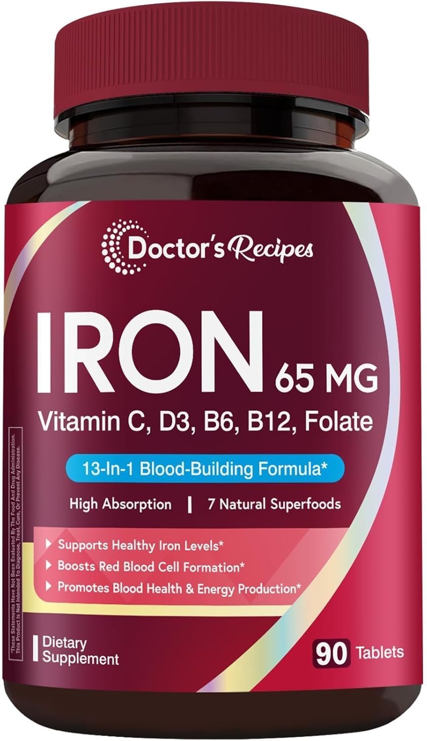 Doctor’s Recipes Iron Supplement for Women & Men, Iron 65 mg with Vitamin C, D3, B6, B12, Folate, Beet Root, Pumpkin Seeds, for Energy & Red Blood Cell Support, 90 Tablets