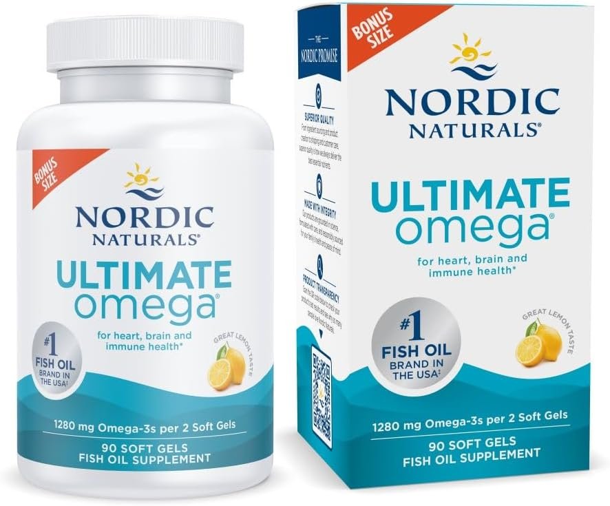 Nordic Naturals Ultimate Omega, Lemon Flavor – 90 Soft Gels – 1280 mg Omega-3 – High-Potency Omega-3 Fish Oil Supplement with EPA & DHA – Promotes Brain & Heart Health – Non-GMO – 45 Servings | High-potency Omega-3 with EPA & DHA supports brain & heart health. Non-GMO, burpless lemon formula. 45 servings.