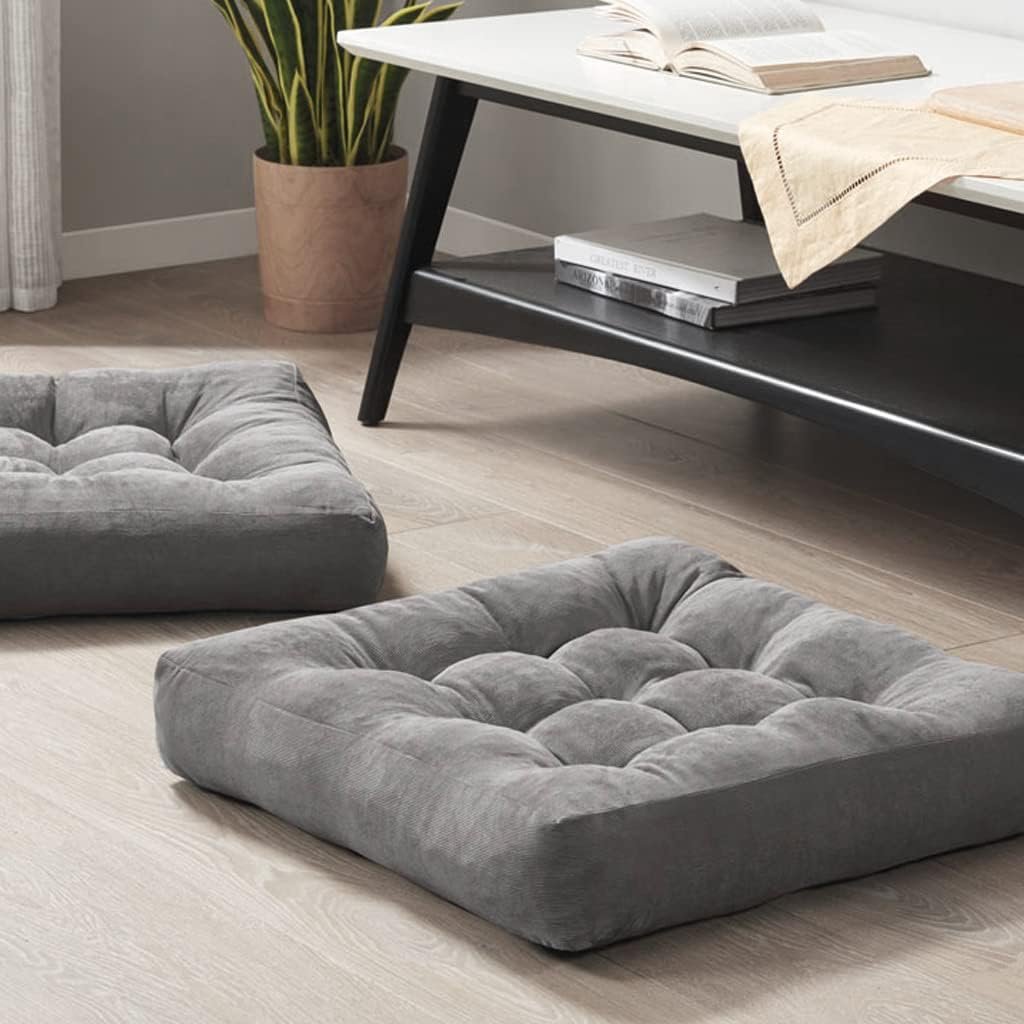 Meditation Floor Pillow Set of 2, Square Large Pillows Seating for Adults, Tufted Corduroy Cushion for Reading Corner, Dorm Room and Living Room, Grey, 22×22 Inch