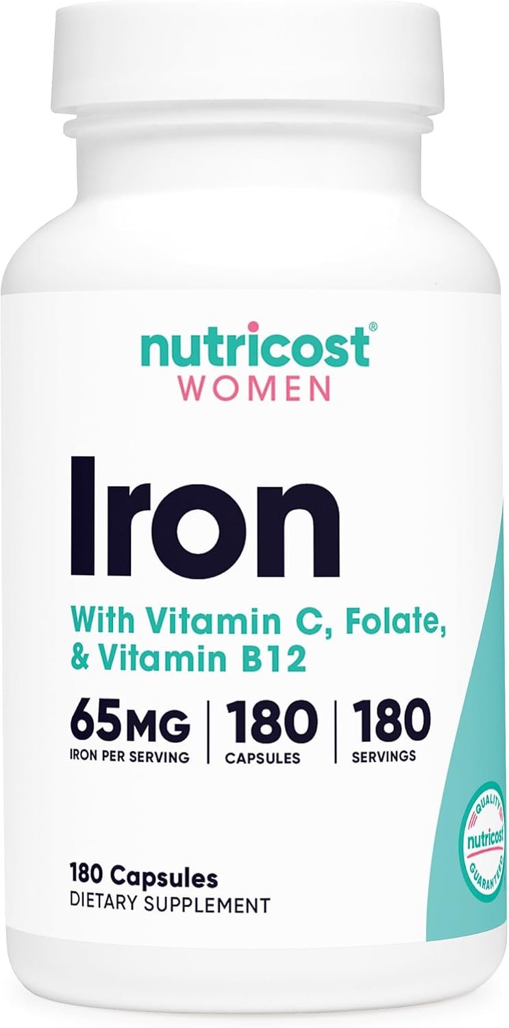 Nutricost Iron for Women 65mg, 180 Capsules, Gluten Free | With Vitamin C, Folate, & Vitamin B12 – Vegetarian Friendly, GMO-Free