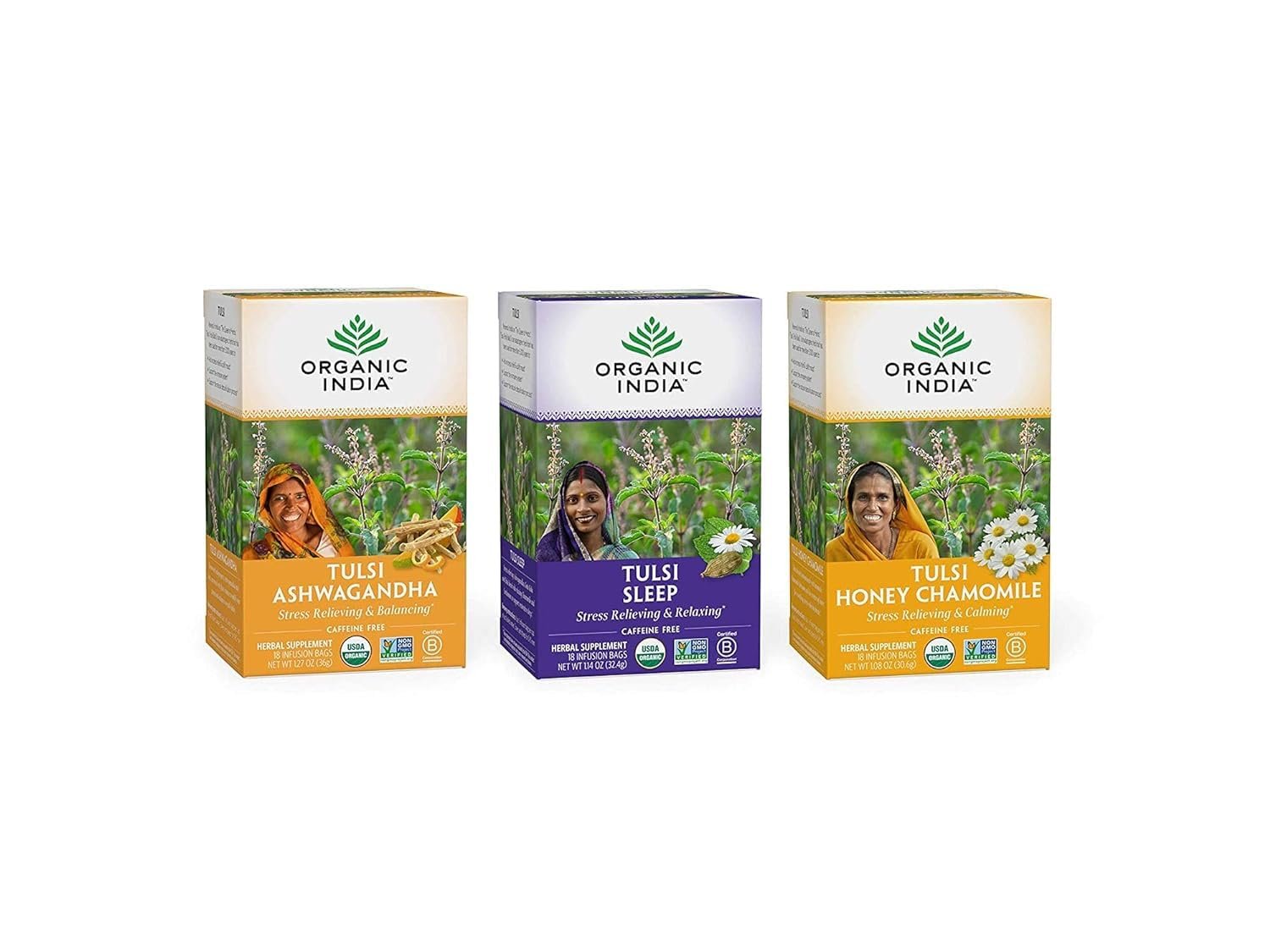 ORGANIC INDIA Iced Tulsi Tea Bags Variety Pack – Assorted Tea, Holy Basil, Ashwaganda, Sleep, Honey Chamomile – Adaptogen, Vegan, USDA Certified Organic, Non-GMO – 18 Infusion Bags per Box (Pack of 3)
