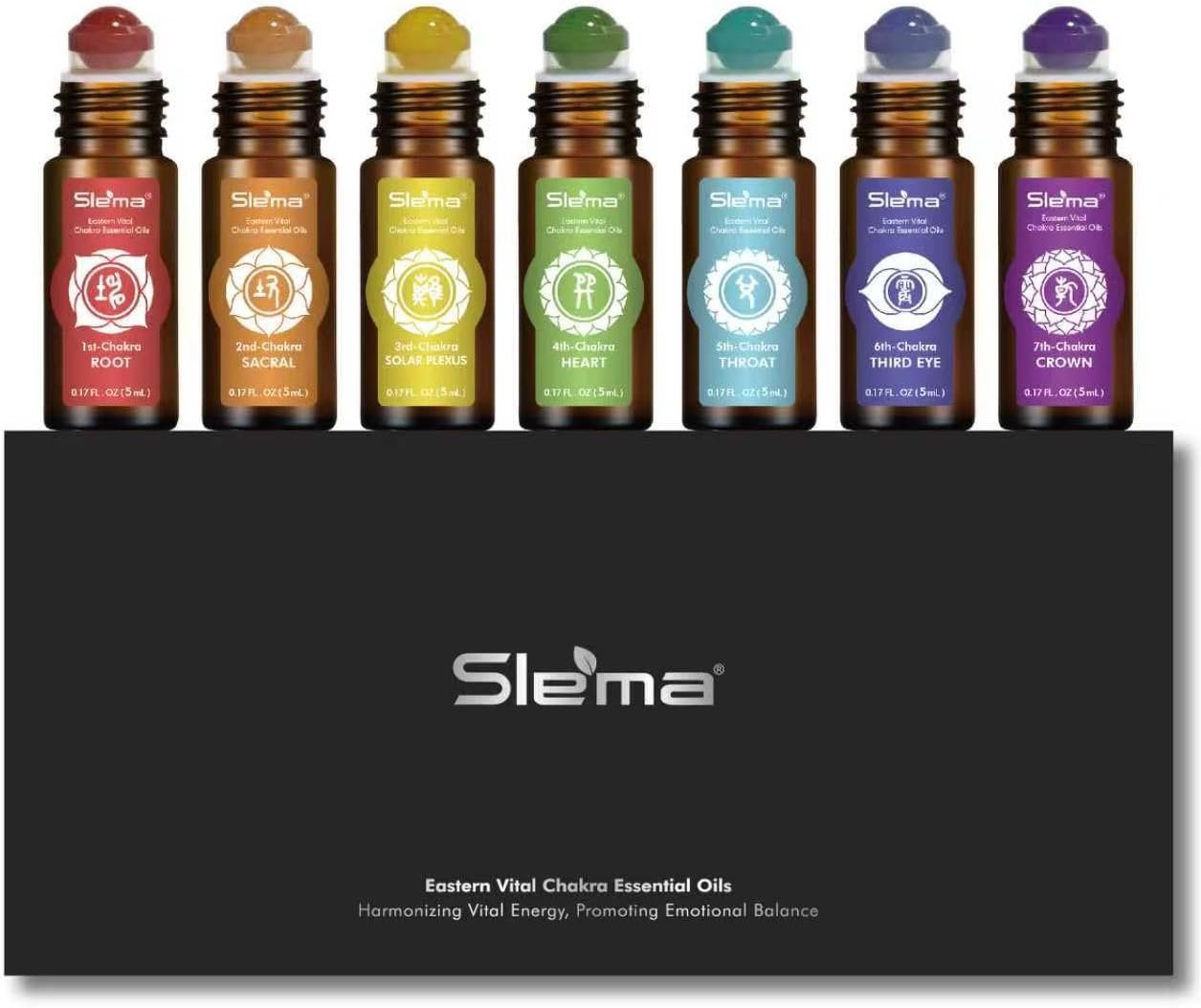 Slema 7 Chakra Essential Oil Roller Gift Set (5mlx7) | Natural Crystal & Jade Rollerballs, Plant-Based Blends for Meditation, Yoga
