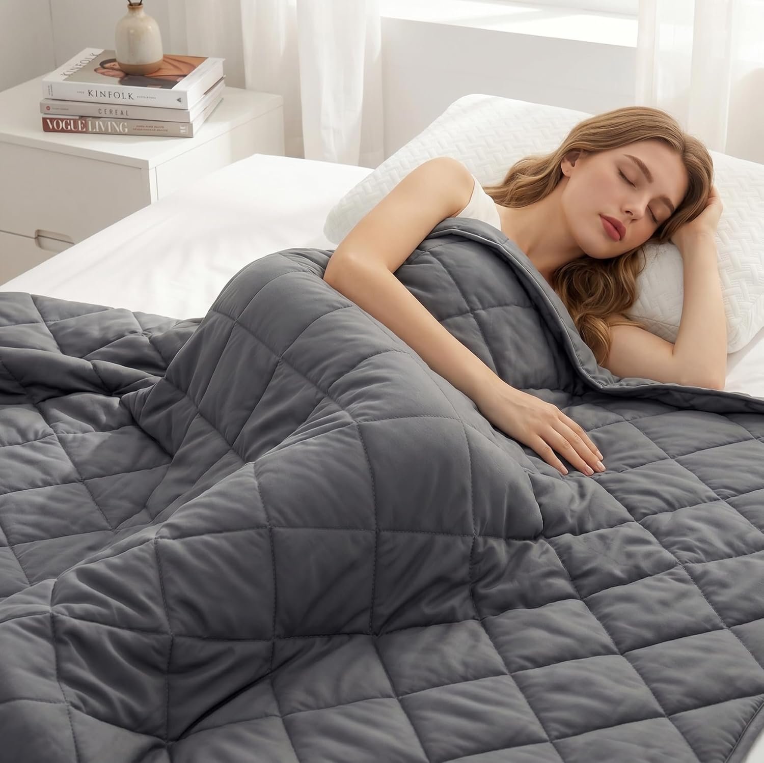 Queen Size Weighted Blanket for Adults (20 lbs 60″ x 80″), Cooling Heavy Blanket for Sleep, Soft Thick Breathable Cotton with Natural Glass Beads, Washable, All-Season