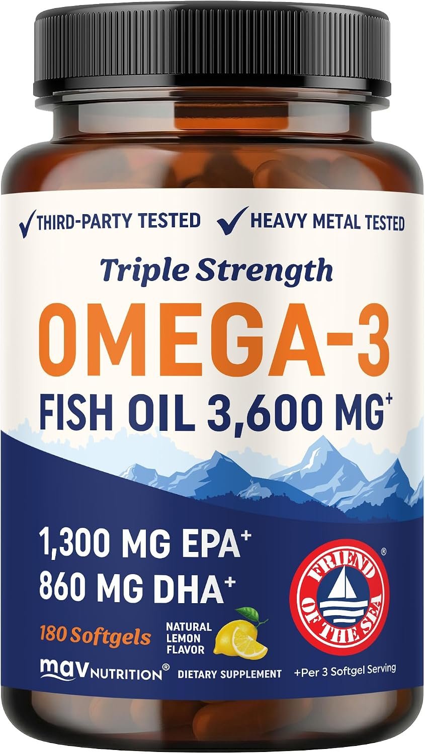 Triple Strength Omega 3 Fish Oil 3600 mg | EPA & DHA | Over 2100mg Omega-3 Fatty Acids | 1300mg EPA + 860mg DHA | Best Essential Fatty Acids | Premium Wild Caught & Burpless Fish Oil | 180 Ct