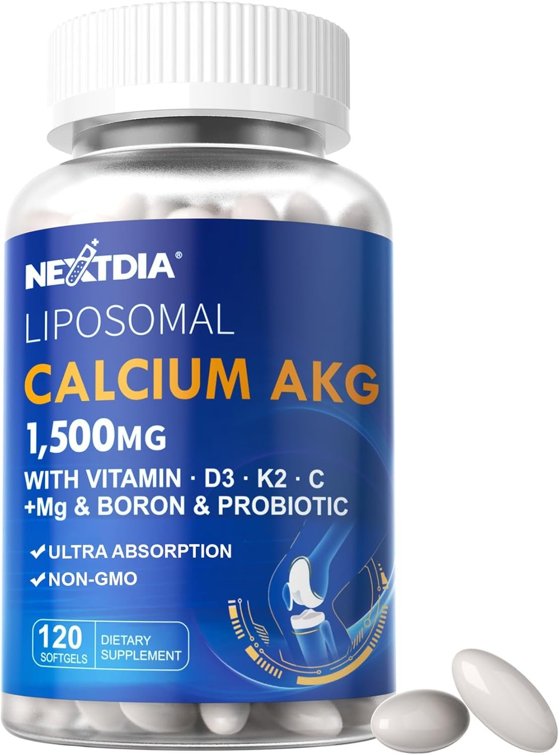 Liposomal Calcium AKG Supplement 1500mg with Vitamin D3 & K2 Softgels for Women & Men│ High Absorption│Calcium Supplements with Magnesium Glycinate, Boron, Probiotics & Vitamin C for Bone – 120 Pills