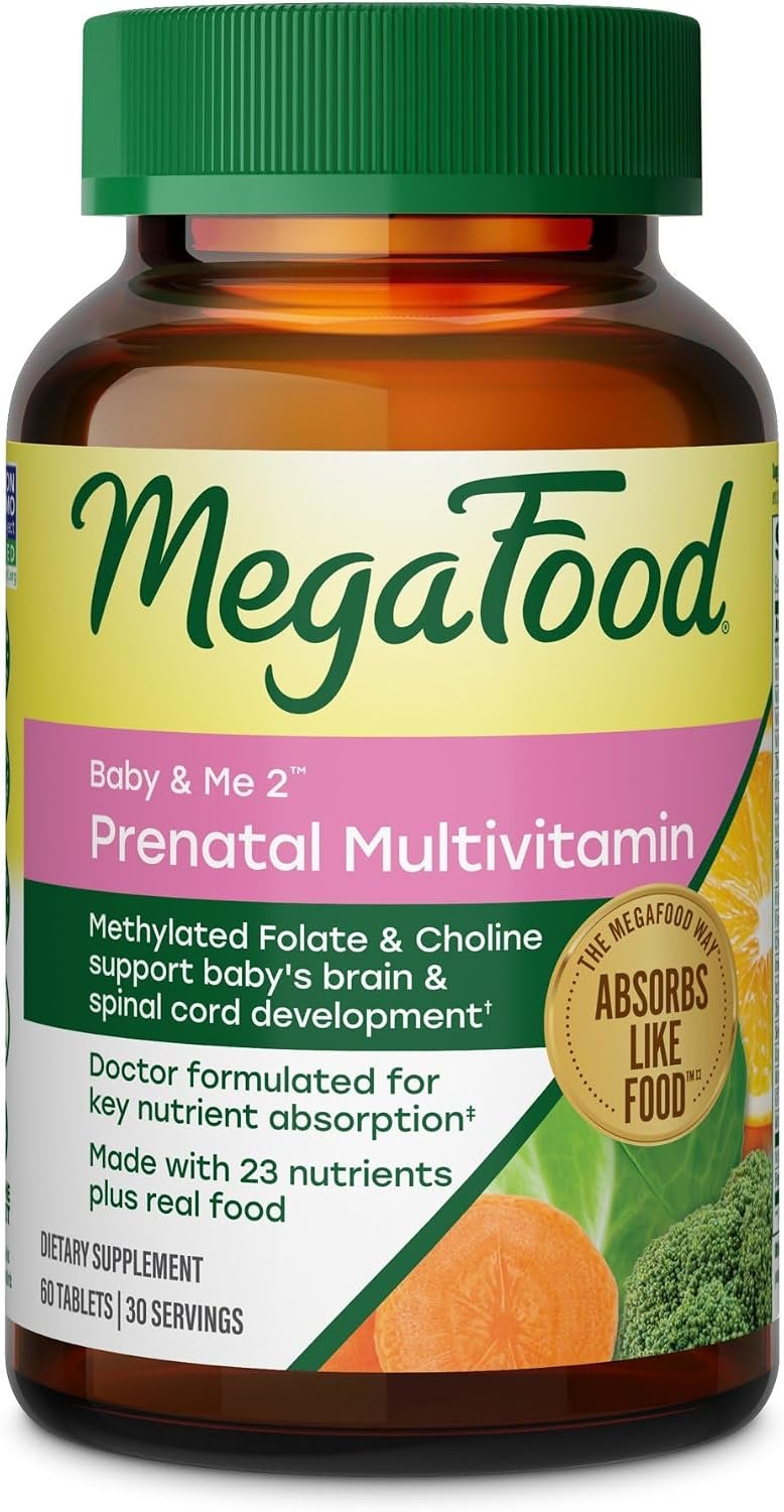 MegaFood Baby & Me 2 Prenatal Vitamin and Minerals – Vitamins for Women – with Folate (Folic Acid Natural Form), Choline, Iron, Iodine, and Vitamin C, Vitamin D and more – 60 Tabs (30 Servings)
