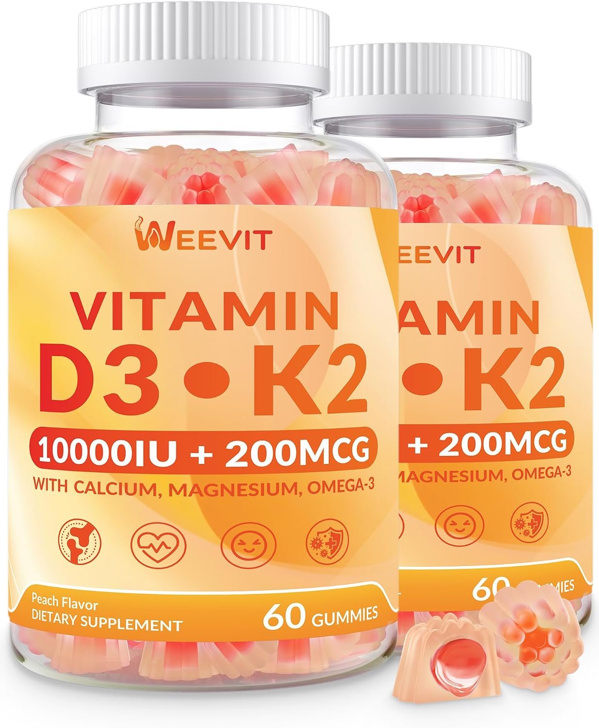Vitamin D3 K2 Gummies, D3 K2 Vitamin 10000iu w/Omega-3, Magnesium, B12 | Vitamin D Gummies, K2 D3 Supplement for Women & Men, Vegan, Sugar Free