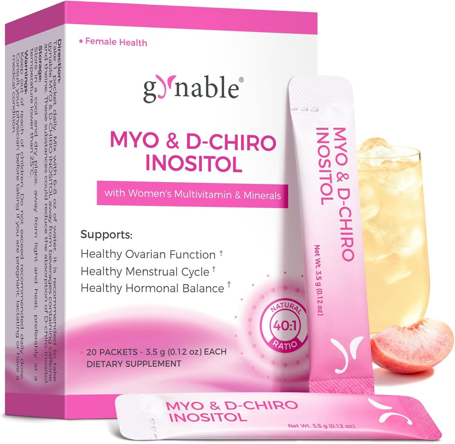 Gynable Myo-Inositol & D-Chiro Inositol Supplement for Women – 40:1 Ratio, Peach Powder Drink Mix Stick Packets, Support Healthy Cycles, Hormonal Balance & Ovarian Health, 20 Servings