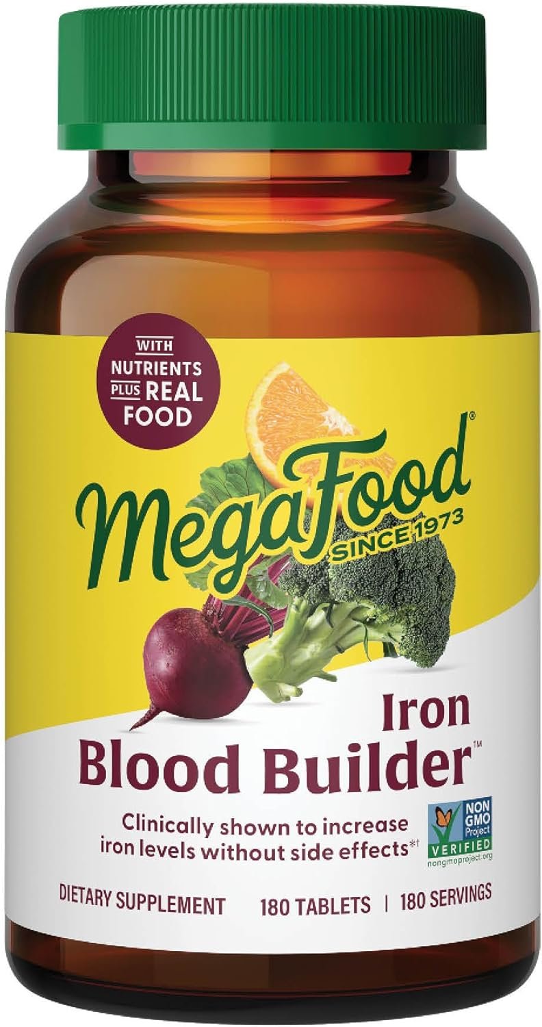 MegaFood Blood Builder Iron Supplement for Women & Men – Increase Iron Levels Without Side Effects – Improves Energy Levels – B12, Folic Acid & Vitamin C for Absorption – Vegan, Non-GMO – 180 Tablets