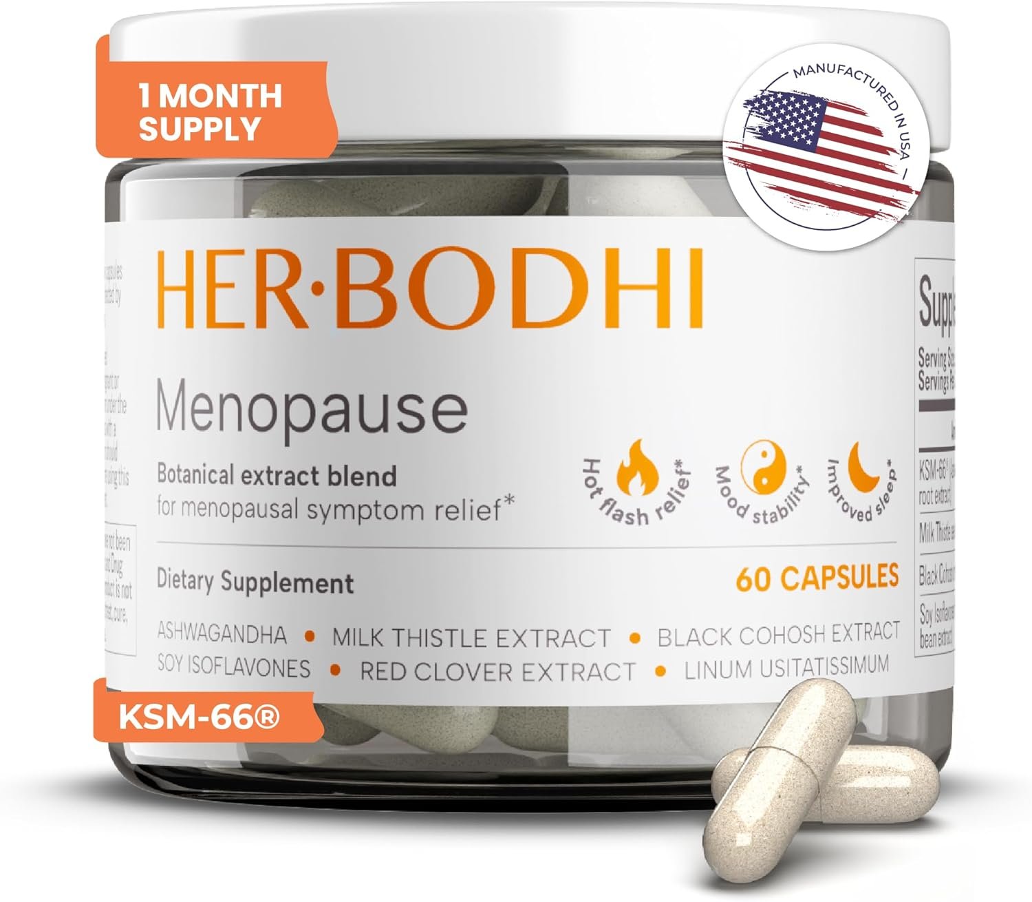 Her Bodhi Meno Menopause Supplement for Women, Hormonal Balance, Estrogen Soy Isoflavones with KSM-66 Ashwagandha & Black Cohosh, Hot Flash & Night Sweat Relief, Hormone-Free Vegan, 60 Capsules