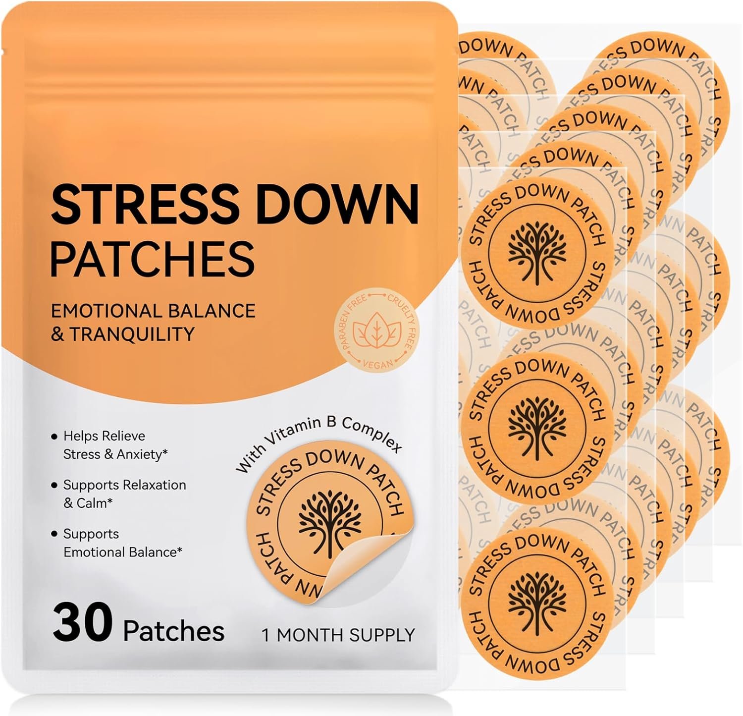 Stress Down Patches for Stress & Anxiety Relief, Cortisol Level Support for Women & Men, Plant-Based Calming Adhesive Balance Patch for Relaxation & Mood Support, Non-GMO, Vegan-Friendly 30 Patches