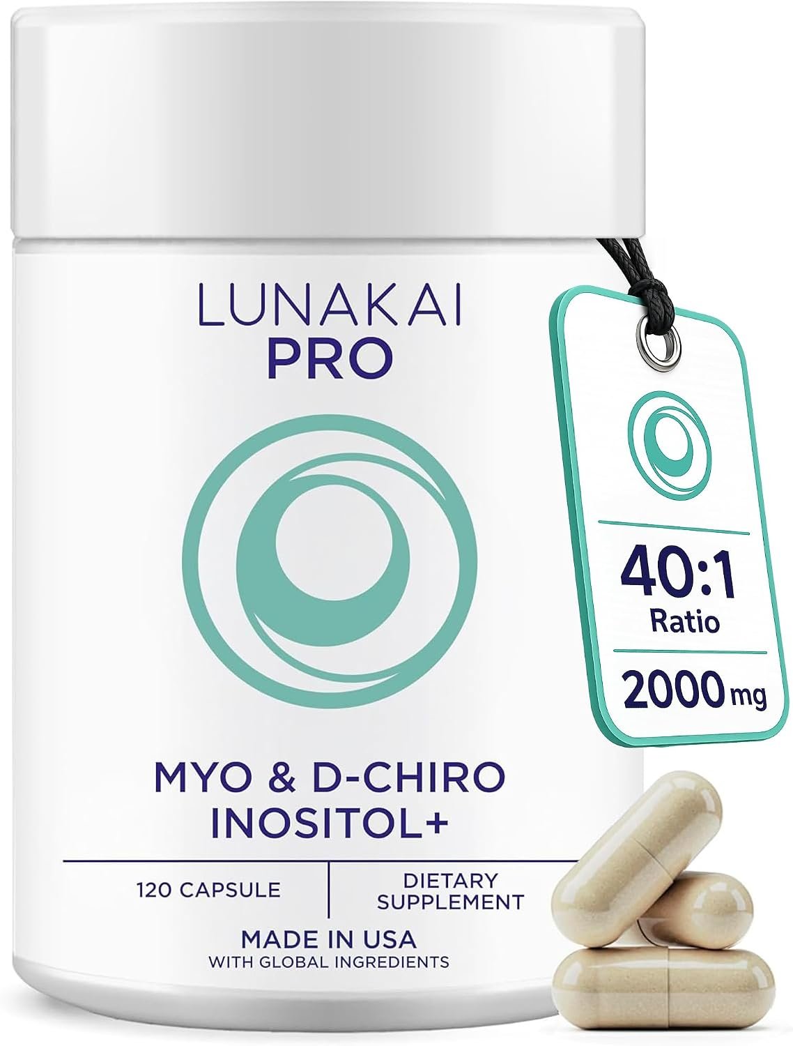 Lunakai Myo-Inositol D-Chiro Inositol for Women 40:1, 2000mg Supplement | USA Made | with CoQ10, Folate & Vitamin D3 – Daily Hormone Balance & Ovarian Support, 120ct
