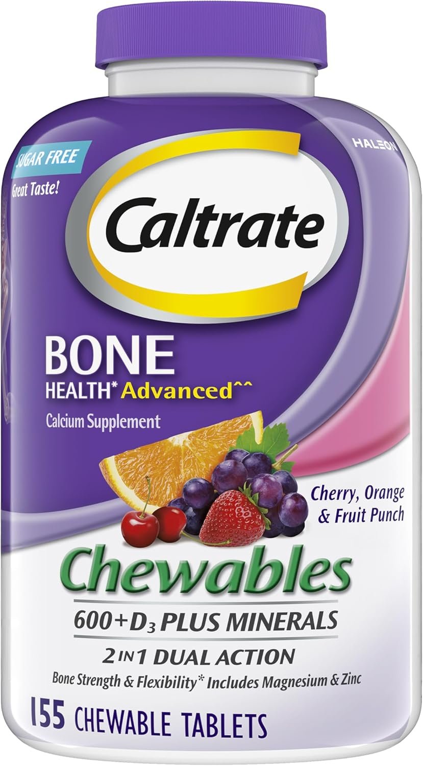 Caltrate Chewables 600 +D3 Plus Minerals Calcium and Vitamin D, Sugar Free, Cherry, Orange and Fruit Punch, 155 count