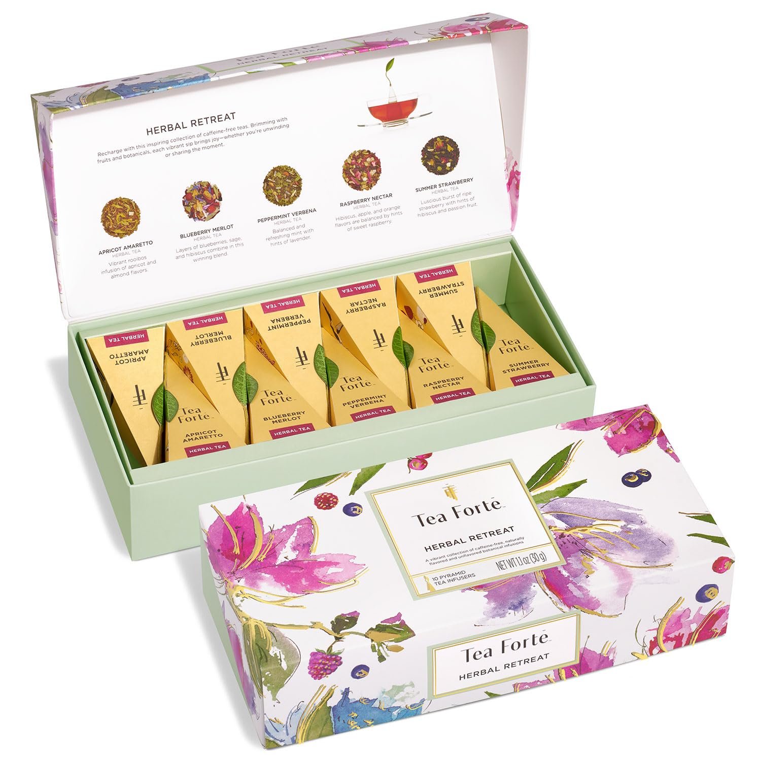 Tea Forte Premium Petite Presentation Box Gift Set Sampler, 10 Count, 2 of Each Blend Individually Wrapped Handcrafted Pyramid Infuser Bags, Herbal Retreat