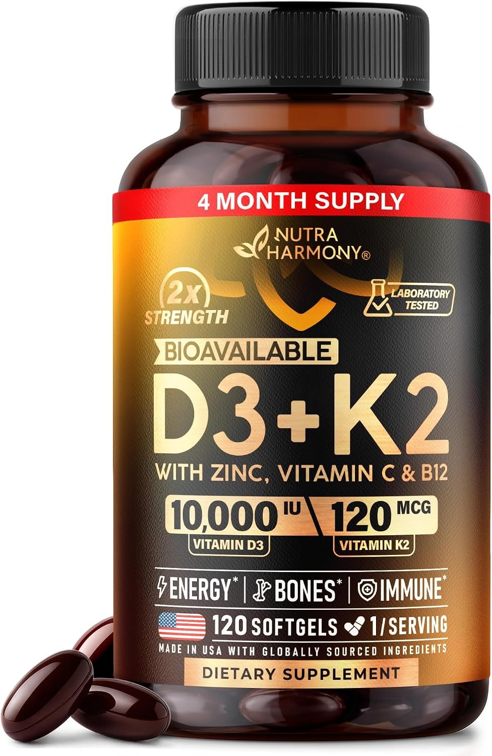 Vitamin D3 K2 – Vitamin D3 10000 iu & K2 120 mcg – Immune & Mood Support, for Bone & Teeth Health – with Zinc, Vitamin C & B12 – Highly Bioavailable – For Men & Women – 120 Softgels, 120 days supply