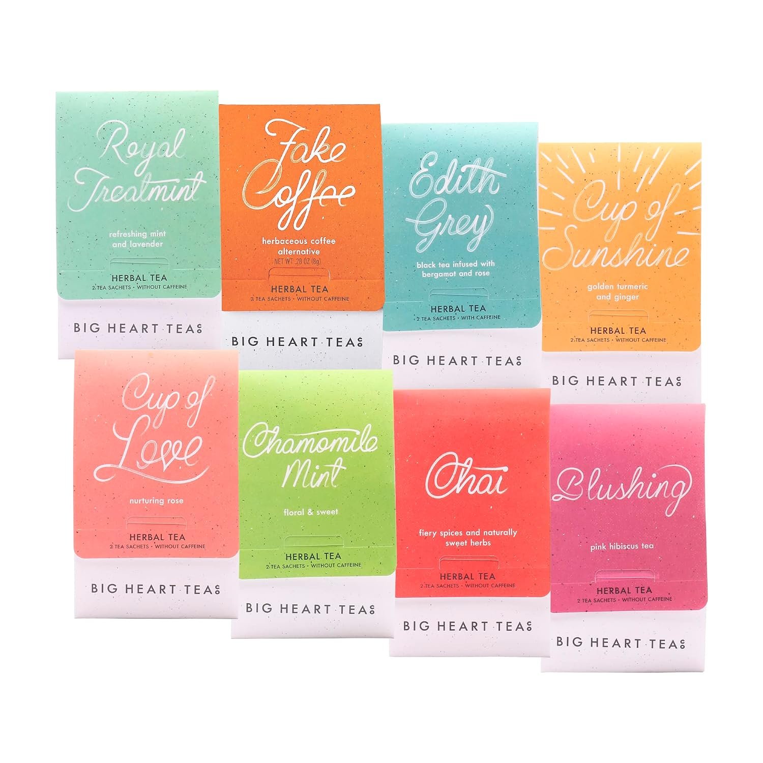 Big Heart Tea Co. Tea Bags Sampler Set – Certified Organic, Ayurvedic Herbal Tea – Small Batch Ground Herbs, Florals, Spices in Zero Plastic Sachets – Healthy Tea Variety Pack – 8 Flavors, 16 Pack
