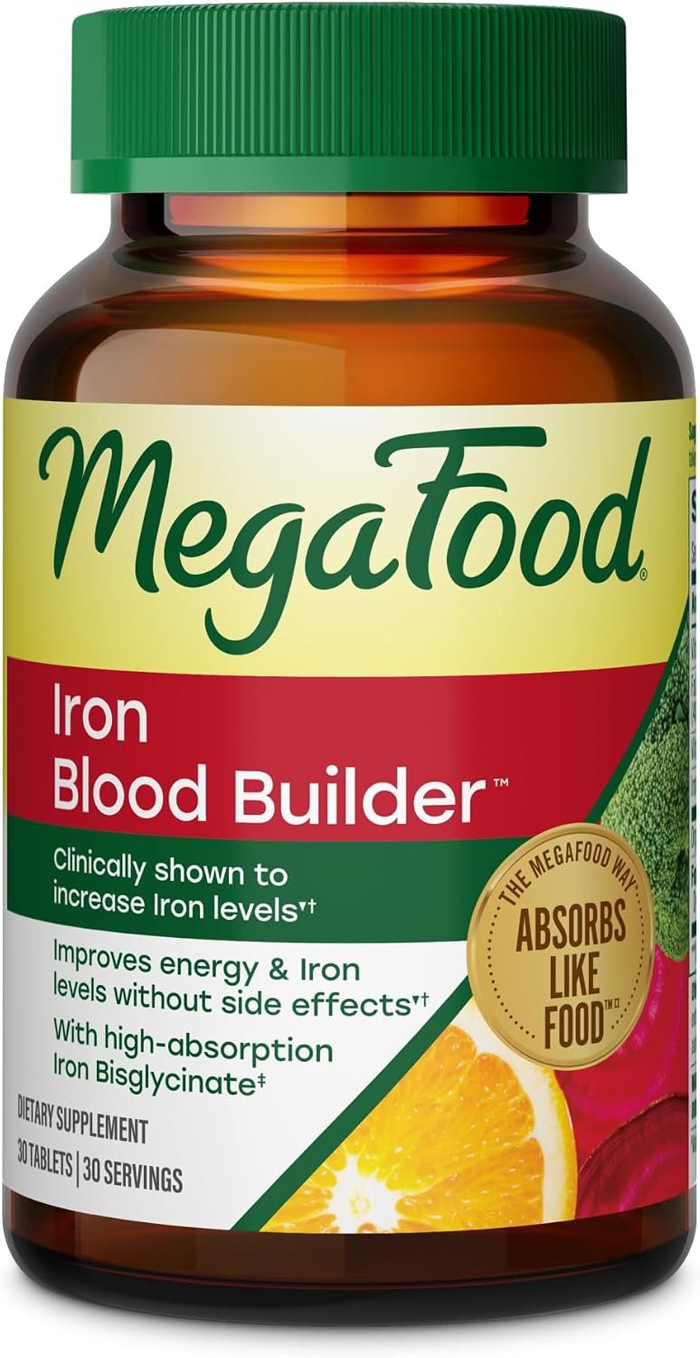 MegaFood Blood Builder Iron Supplement for Women & Men – Increase Iron Levels Without Side Effects – Improves Energy Levels – B12, Folic Acid & Vitamin C for Absorption – Vegan, Non-GMO – 30 Tablets