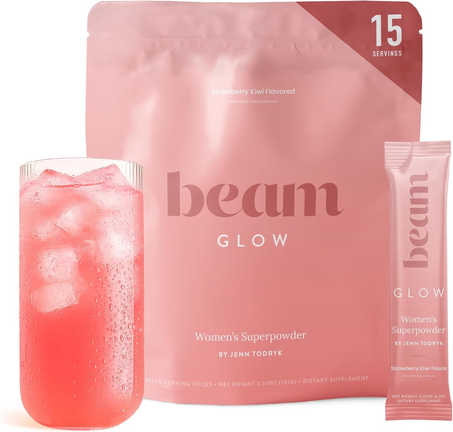 BEAM Glow Hormone Support & Cortisol Supplement for Women – Daily Vitamins for Women with Ashwagandha, Selenium, Zinc, Vitamin A, Biotin for Cycle Health, Mood & Energy, Strawberry Kiwi, 15 Servings