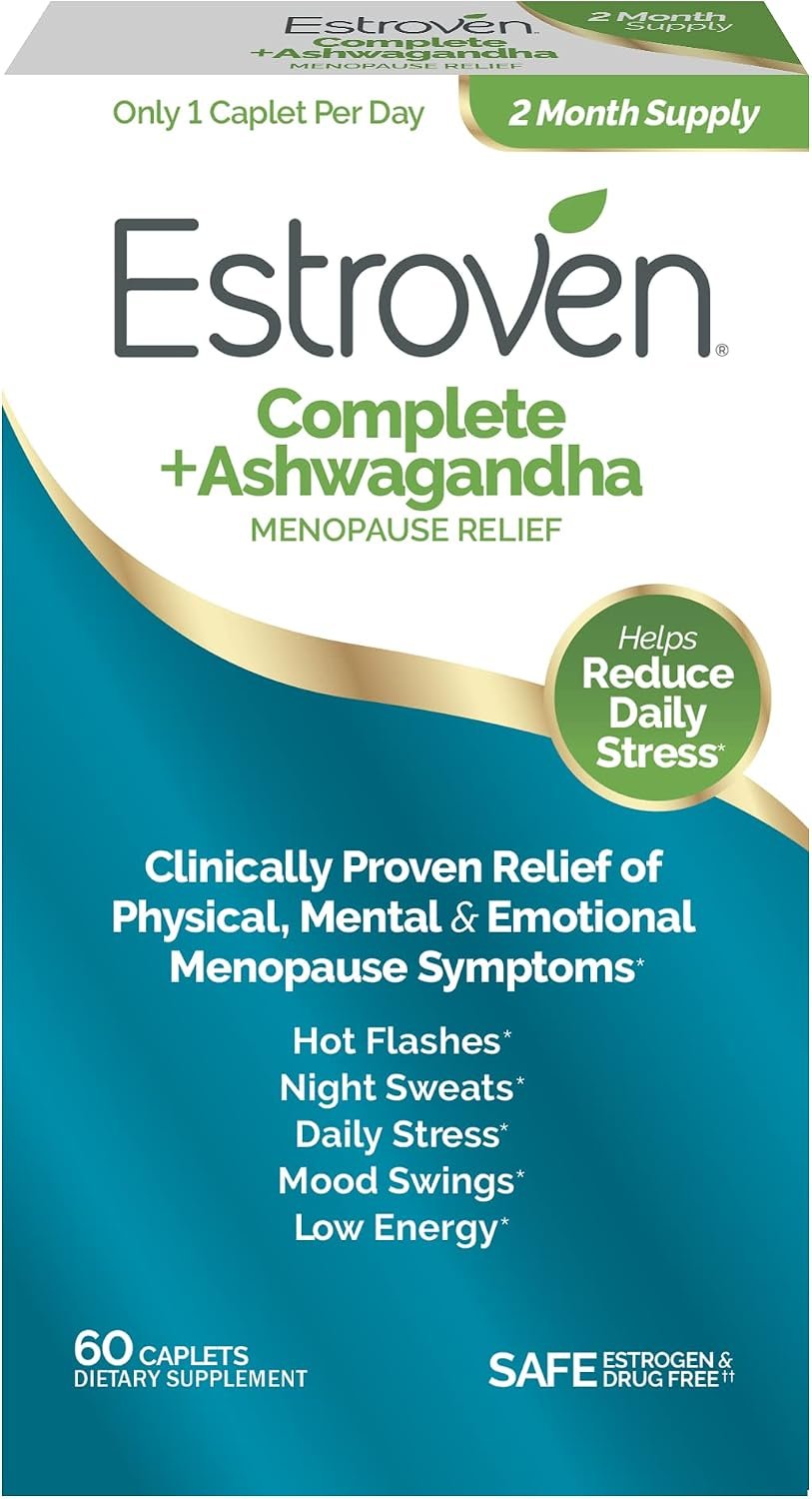 Estroven Complete + Ashwagandha Multi-Symptom Menopause Supplement for Women – 60 Ct. – Clinically Proven Ingredients Provide Menopause Relief & Night Sweats + Hot Flash Relief* – Drug-Free & Non-GMO