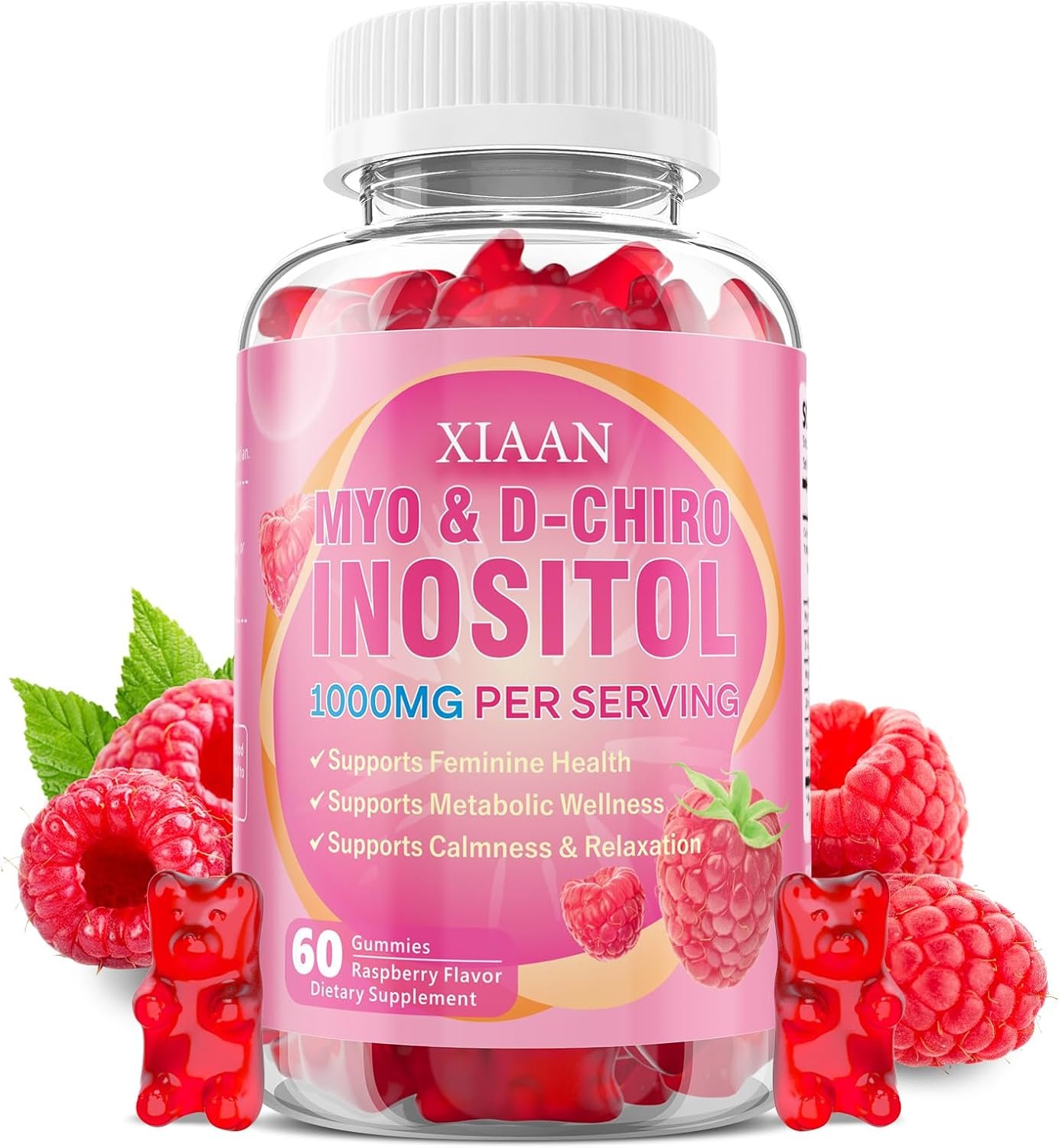 Myo Inositol Gummies 1000mg, Inositol Supplement for Women Myo-Inositol & D-Chiro Inositol for PCOS Support & Female Health, Vegan/Sugar-Free/Gluten-Free, Raspberry Flavor 60 Count