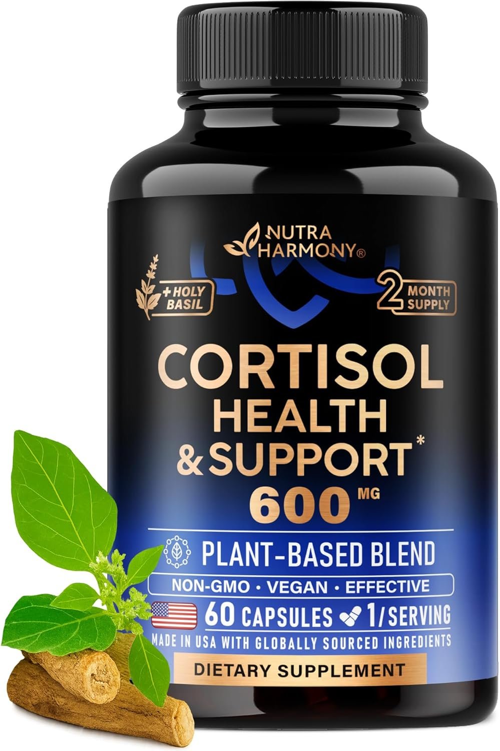 Cortisol Supplement for Women – Holy Basil | Ashwagandha | Rhodiola | L-Theanine – Plant-Based Hormone Balance – Mood, Focus & Sleep Support – Lab Tested – Vegan, Non-GMO – 60 Capsules for 2 Months