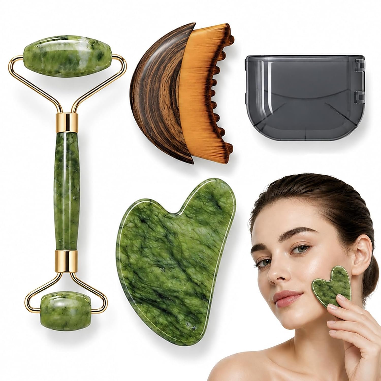 Lymphatic Contour Face Brush, 3 in 1 Facial Massage Tools, Lymphatic Face Brush with Natural Southern Jade Roller & Gua Sha Set for Lymphatic Drainage, Face Sculpting