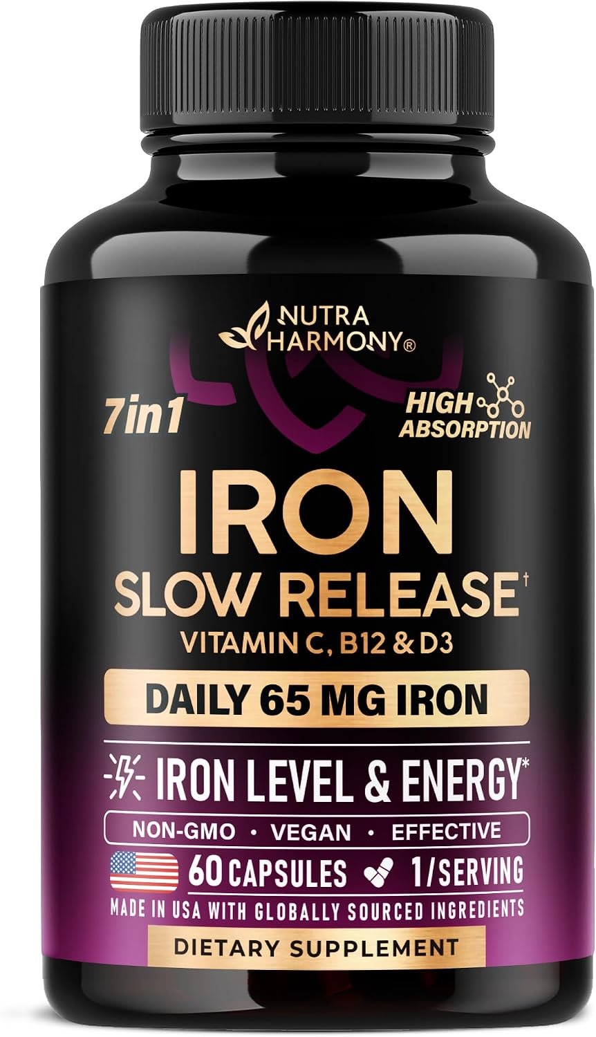 Iron Supplement for Women – Iron 65mg (Ferrous Sulfate 325mg) – 60 Caps | Iron Level & Energy Support – Vitamins C, D3, B6, B12 & Folate – Stomach Friendly, Slow Release, Bioavailable – 60-Day Supply