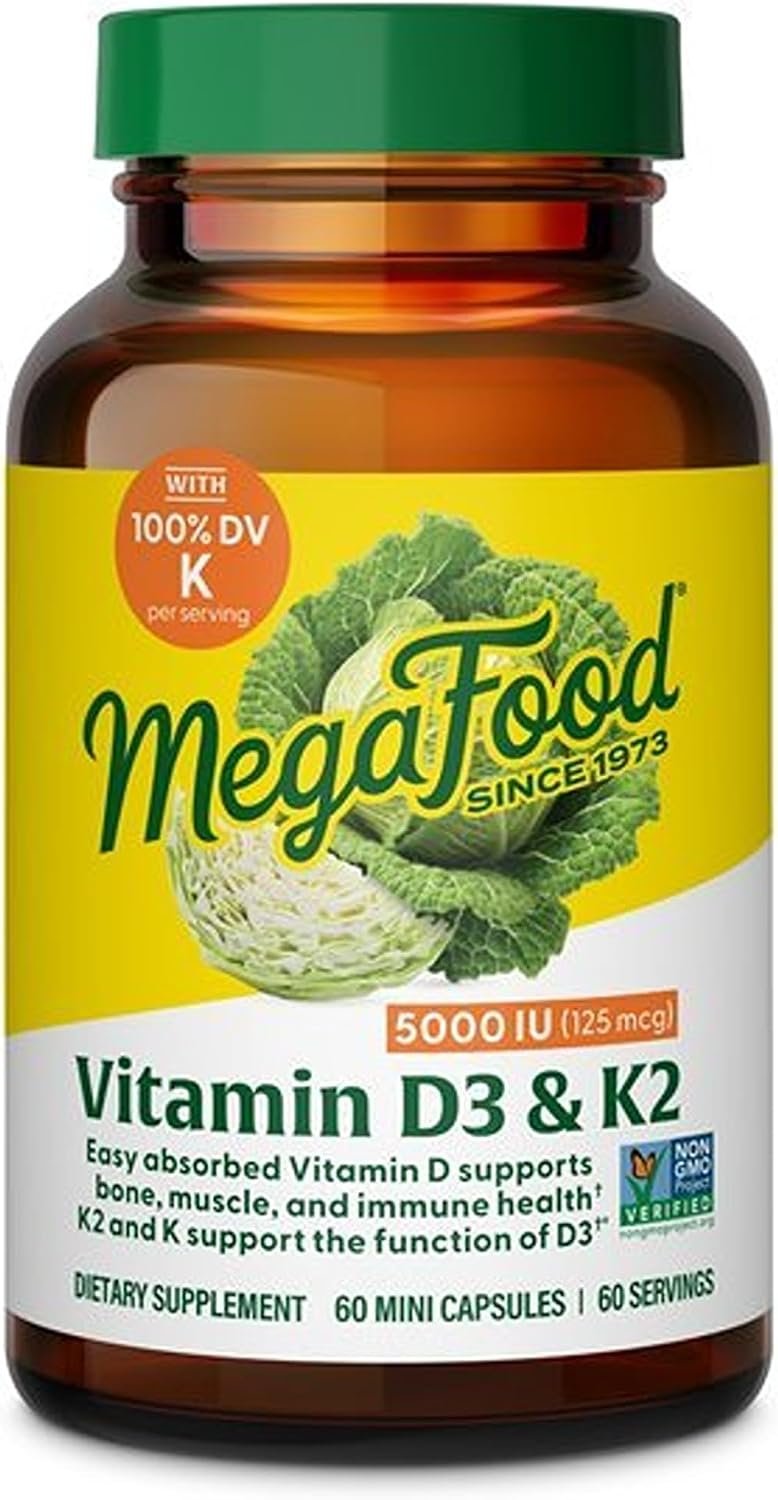 MegaFood Vitamin D3 5000 IU (125 mcg) – Vegetarian Supplements with Vitamin D3 K2 – Supports Bones, Teeth, Muscles & Immune Health – Certified Non-GMO – 60 Mini Capsules, 60 Servings