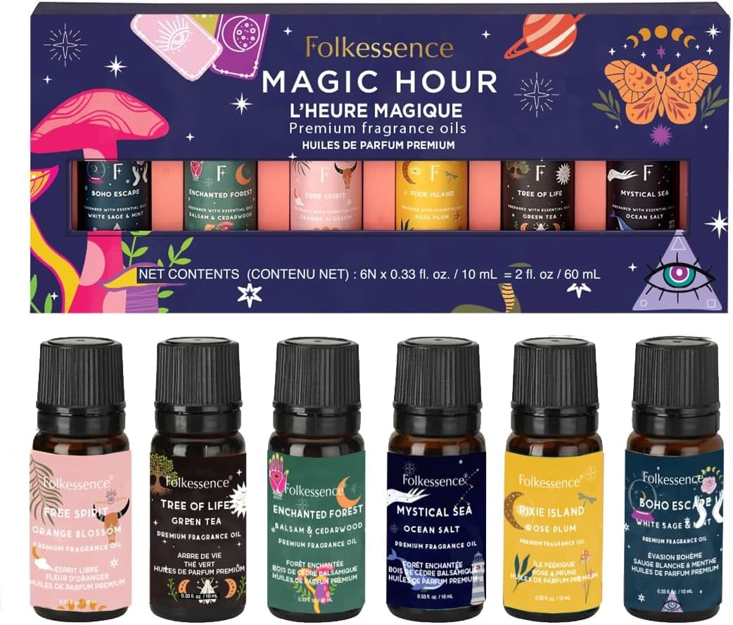 Folkulture Essential Oils Set for Diffuser | Set of 6 Fragrance Oils for Relaxation, Meditation & Wellness | Aromatherapy Scents – White Sage, Green Tea, Cedarwood, Rose, Orange & More | Magic Hour