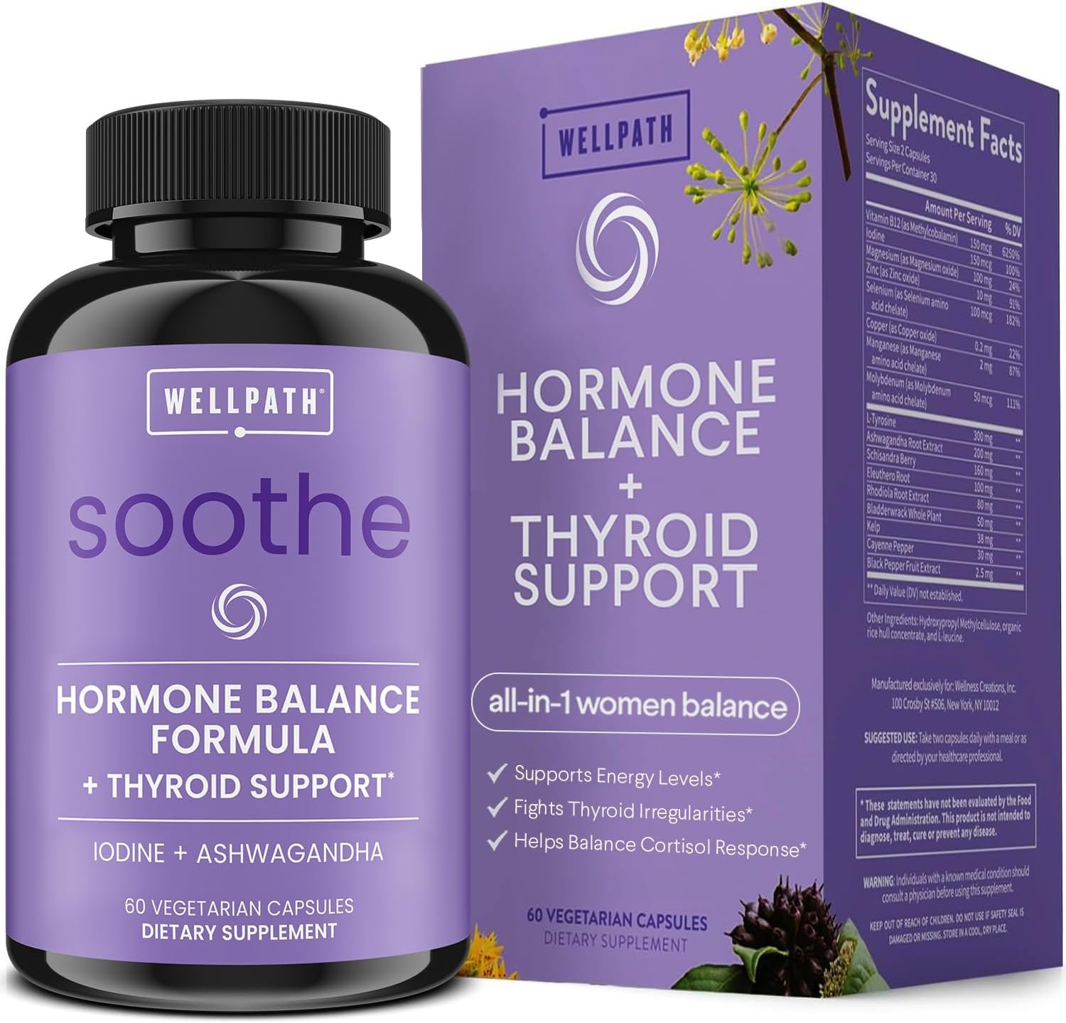WellPath Soothe Hormone Balance for Women – Thyroid Support for Women – Ashwagandha, Rhodiola, Iodine, Selenium & L-Tyrosine – Mood & Adrenal Support Supplement – Non-GMO, Gluten-Free, 60 Ct | Mood & Adrenal Support Supplements – Ashwagandha, Rhodiola, Iodine, Selenium, L-Tyrosine – Non-GMO, Gluten-Free, 60 Ct