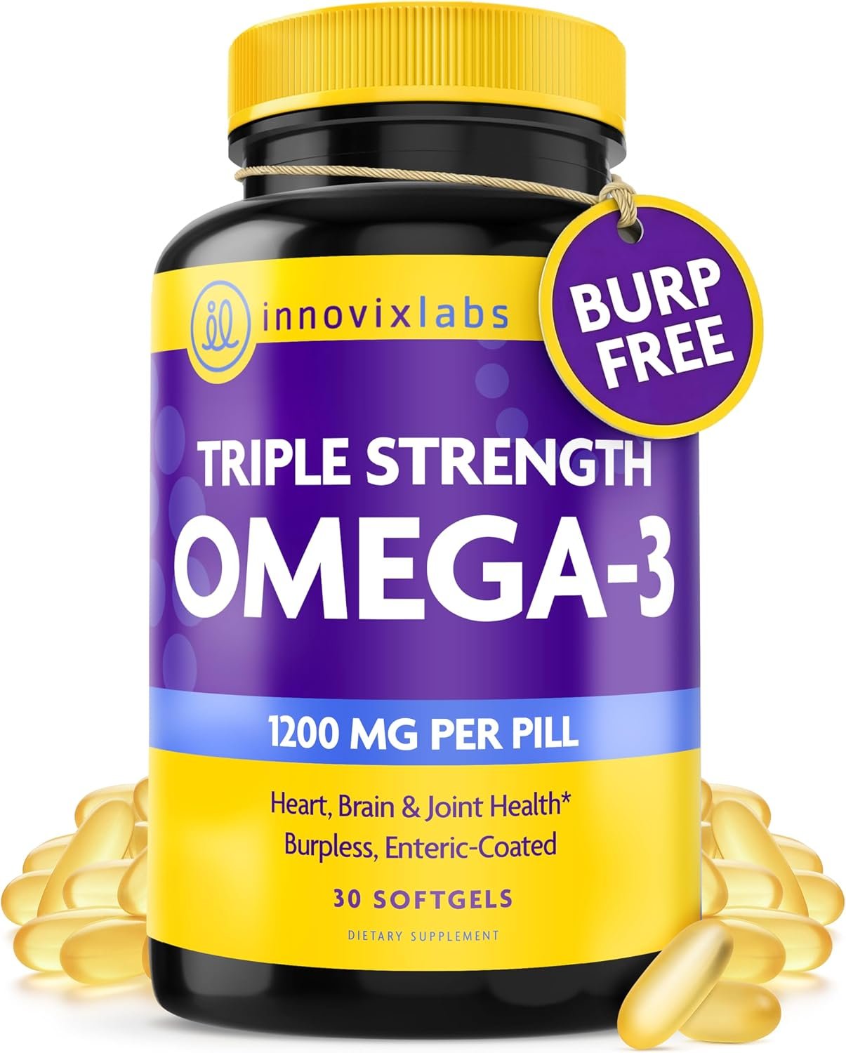 InnovixLabs Triple Strength Omega 3 Supplement, Burpless Fish Oil for Women and Men – 900 mg EPA & DHA, Brain & Joint Support, Award Winning & Third-Party Tested, 30 Softgels