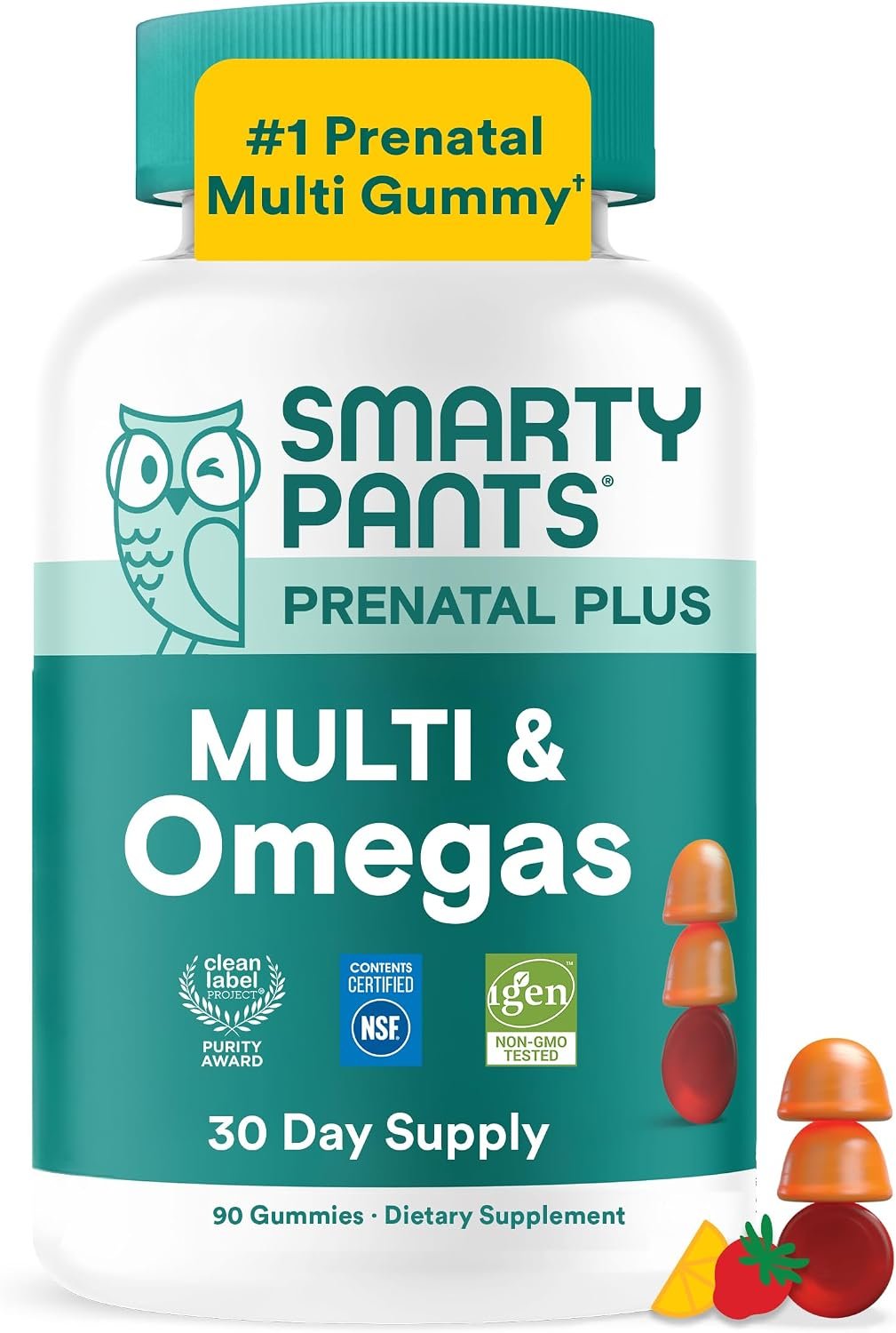 SmartyPants Prenatal Multivitamin Gummies with Omega 3 DHA/EPA, Methylfolate, Biotin, Vitamins D3, C, B12, B6, A, K, and Zinc, Gluten Free, Clean Label, Two Fruit Flavors, 90 Gummies (30 Day Supply)