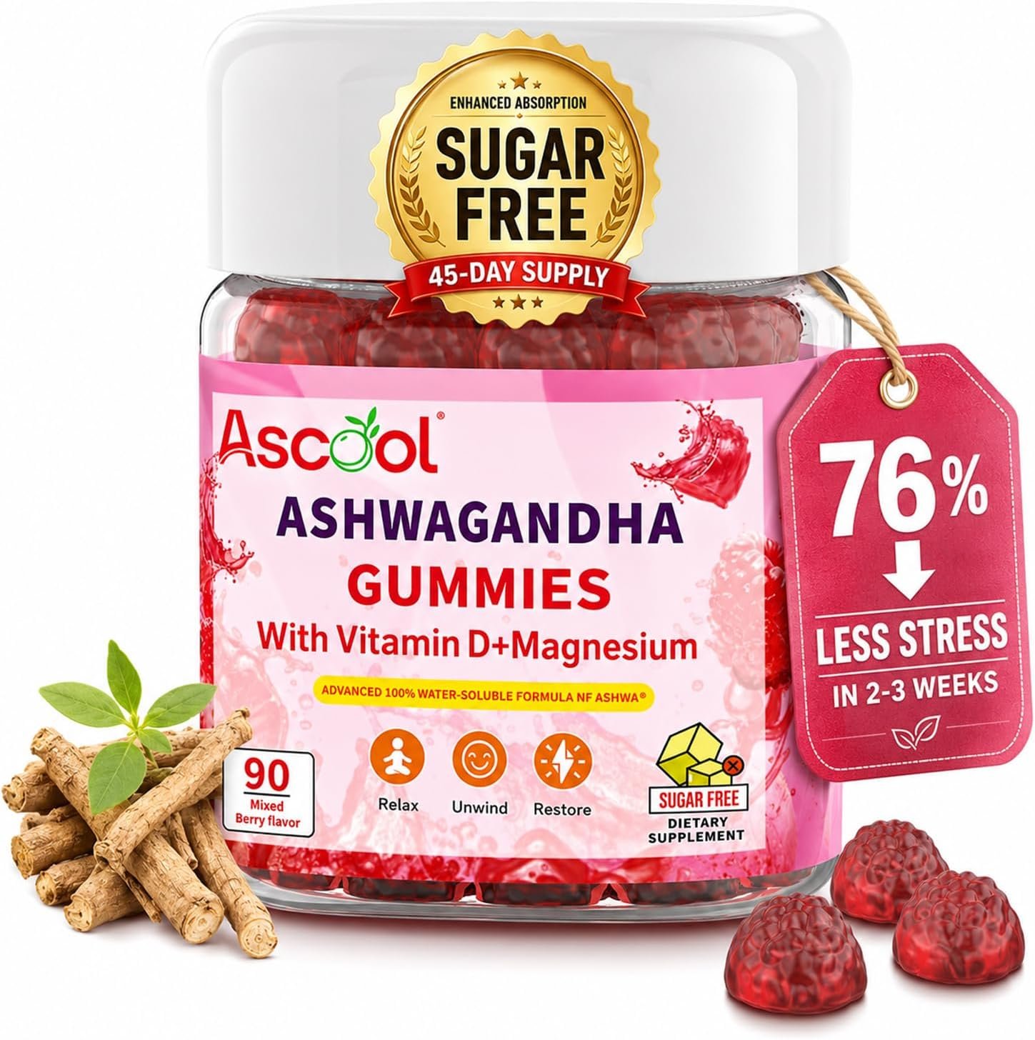 Ashwagandha Gummies for Calm &Stress Relief | With Magnesium + Vitamin D, Sugar-Free ，90 Count, Vegan, Ashwa Supplements
