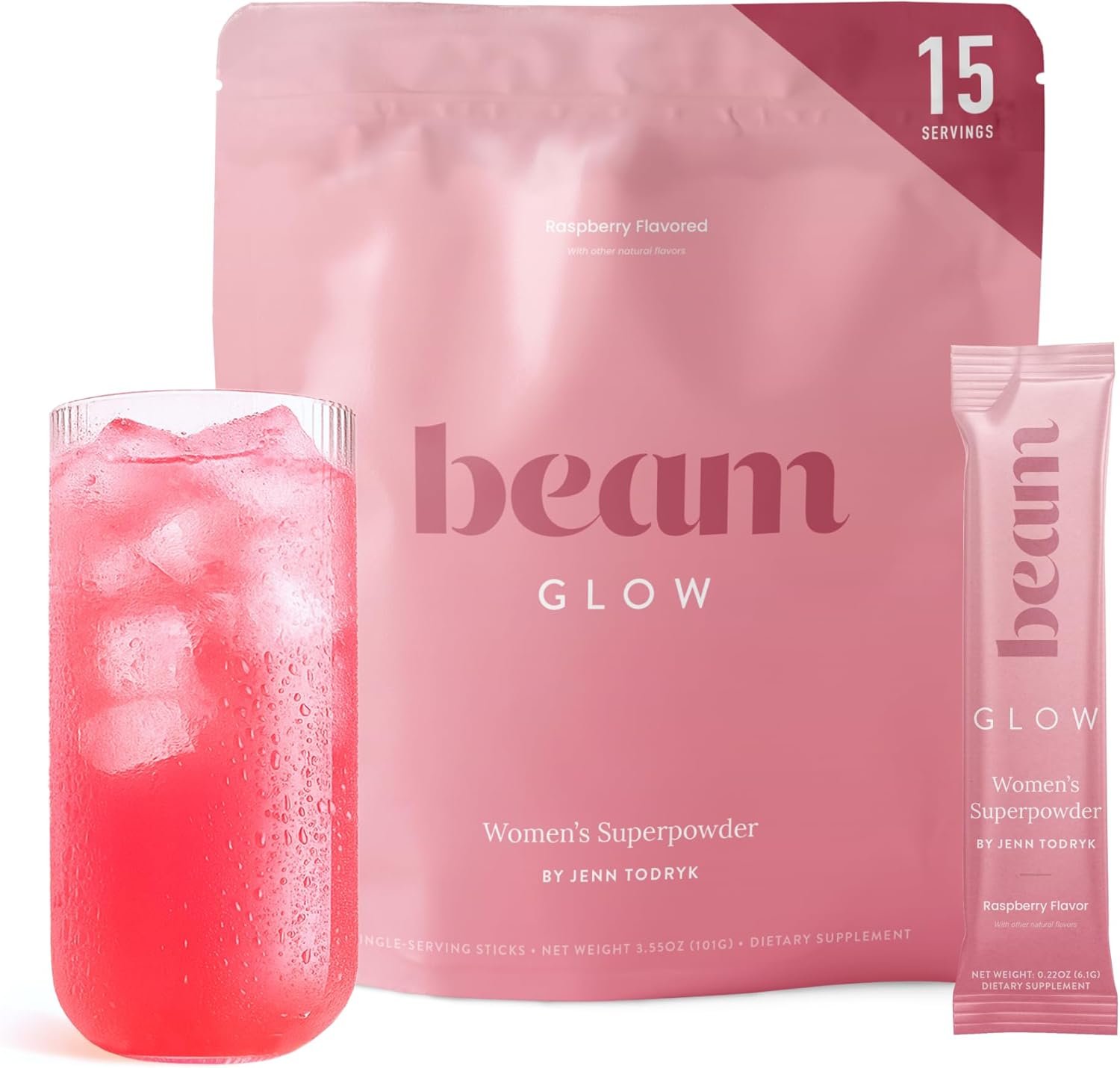 BEAM Glow Hormone Support & Cortisol Supplement for Women – Daily Vitamins for Women with Ashwagandha, Selenium, Zinc, Vitamin A, Biotin for Cycle Health, Mood & Energy, Raspberry, 15 Servings