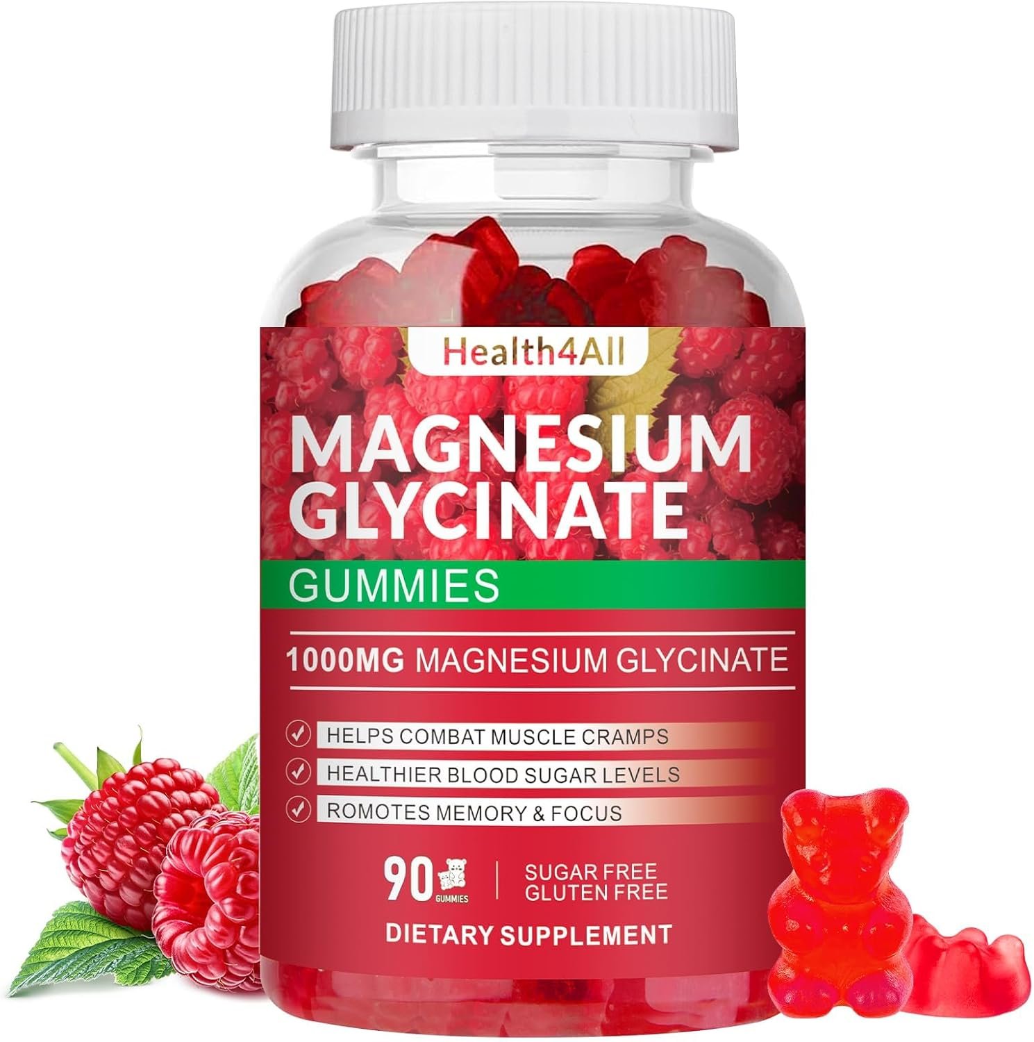 Magnesium Glycinate Gummies 1000mg, High Absorption Sugar Free Magnesium Potassium Supplement for Relaxation, Stress Relief, and Sleep Support for Adults & Kids – 90 Raspberry Gummies