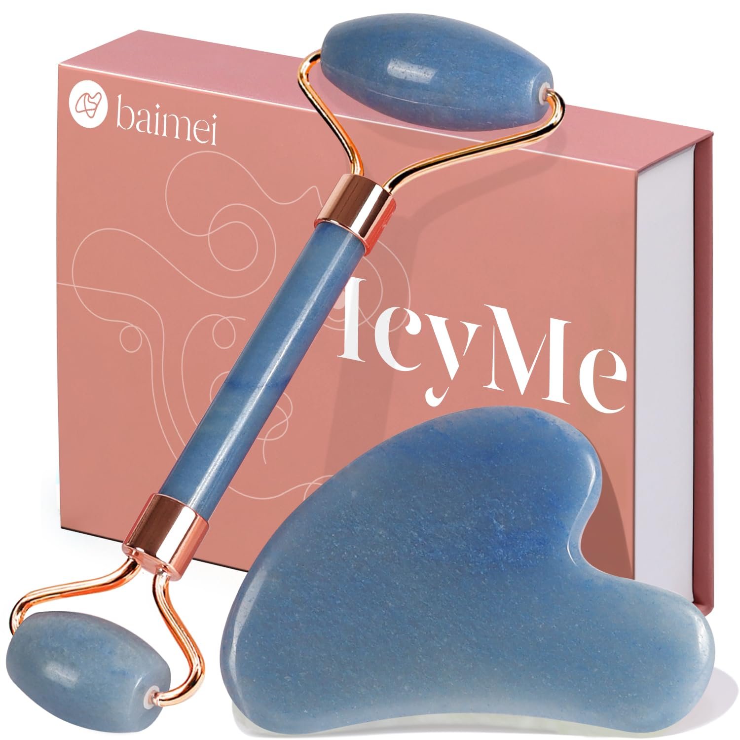 BAIMEI IcyMe Jade Face Roller & Gua Sha, Facial Beauty Roller Skin Care Tools, Self Care Gift for Men Women, Massager for Face, Eyes, Neck, Relieve Fine Lines and Wrinkles – Blue